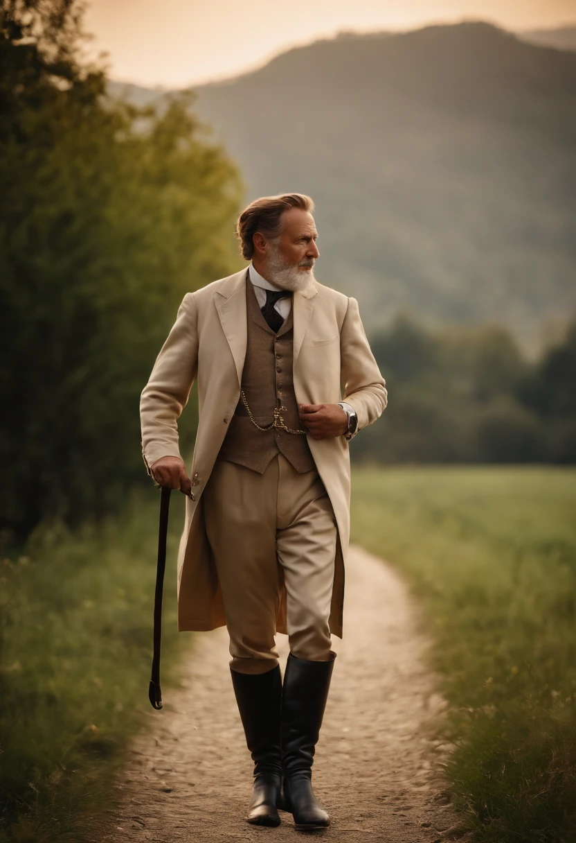 Old gentleman with a goatee,Touch the black riding boots with your hands, 8K分辨率,Wallpaper masterpiece,Best quality,Highly meticulous,Ultra high quality,The midday sun is a bit dazzling