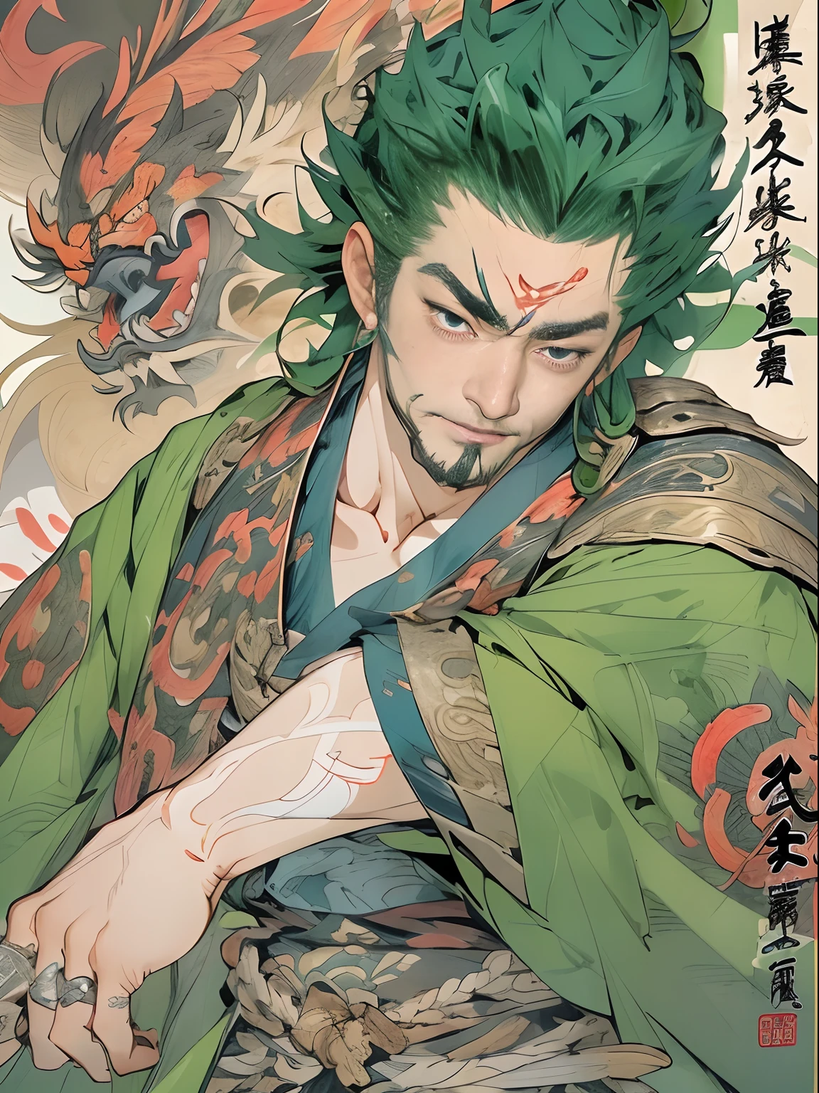 (((China-style,Ink painting method,Half-length portrait,Intense color,Han dynasty, China,Hanfu,Armor,Guan yu,Guan Yunchang,of a guy,Ruddy killing square face,Hold the Blue Dragon Moon Knife in his right hand,Stroke your beard with your left hand,Long hair,petty eyes,Green robe))), (((best qualityer))), (((tmasterpiece))), (((AS-Adult))), ((( Japanese ))), Look up from your knees, Handsome Asian samurai,perfect body figure, Modern samurai, ((( Asian))), Wear gloves on your hands,The left arm is made of steel and metal tips,Made of protective devices, The eyes are pulled, (( Appears below the chest )), (( Small dental floss )), Simon Bisley, Almost naked(Simon Bisley)Castle City Wilderness,For high-resolution posters, hair straight, Minimum clothing, armure (Crazy clothes ), Full of tips and rivets, tribal tattoos, (((full bodyesbian))), Straight brunette hair,Colored hair ends