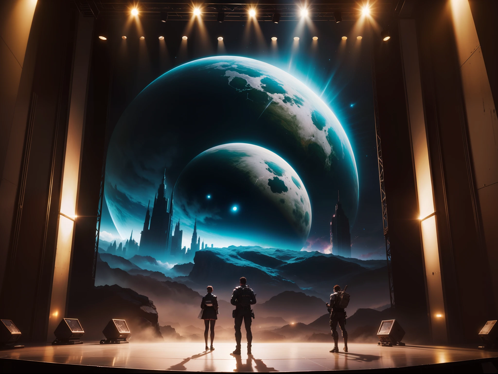 Hyper realistic photograph of a sci-fi musical play, sci-fi stage setting, Tech, 64k, masterpiece
