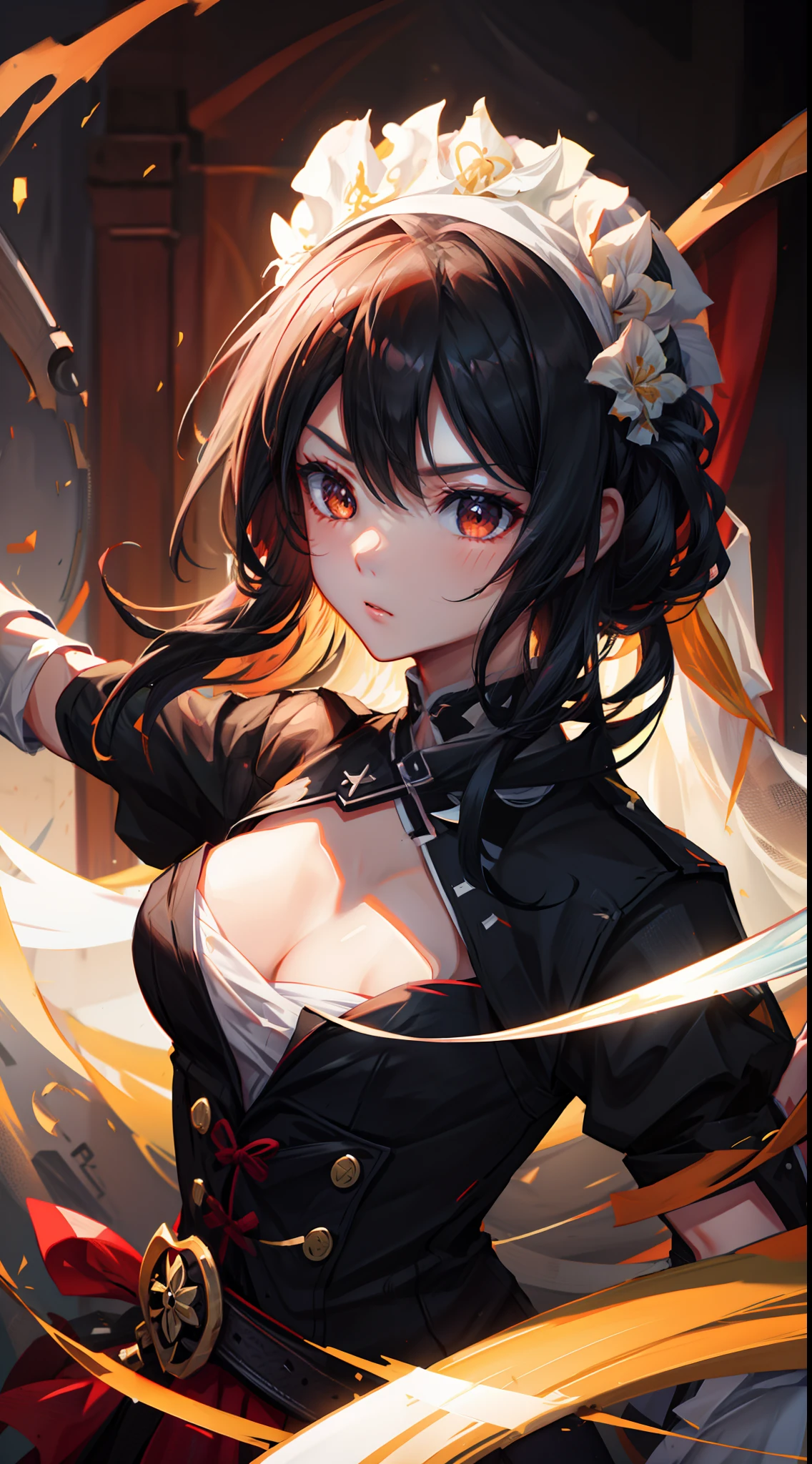 1 girl, upper body, single focus, deadly assassin, Beatrix Kiddo-inspired attire, vengeful bride, (sword of vengeance: 1.4), (journey for revenge: 1.3), assassin's features, determined aura, [depth of field, ambient lighting, deadly battleground foreground, epic showdown], Vengeful Bride Beatrix, lethal assassin, epic revenge quest, (Hattori Hanzo sword), (The Deadly Vipers: 1.2), intricate details, enhanced lighting.