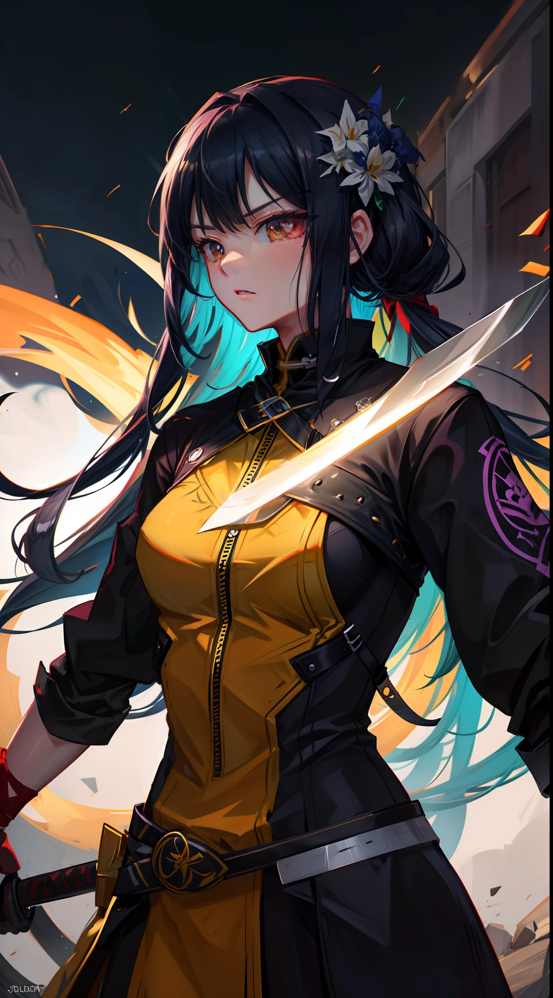 1 girl, upper body, single focus, deadly assassin, Beatrix Kiddo-inspired attire, vengeful bride, (sword of vengeance: 1.4), (journey for revenge: 1.3), assassin's features, determined aura, [depth of field, ambient lighting, deadly battleground foreground, epic showdown], Vengeful Bride Beatrix, lethal assassin, epic revenge quest, (Hattori Hanzo sword), (The Deadly Vipers: 1.2), intricate details, enhanced lighting.