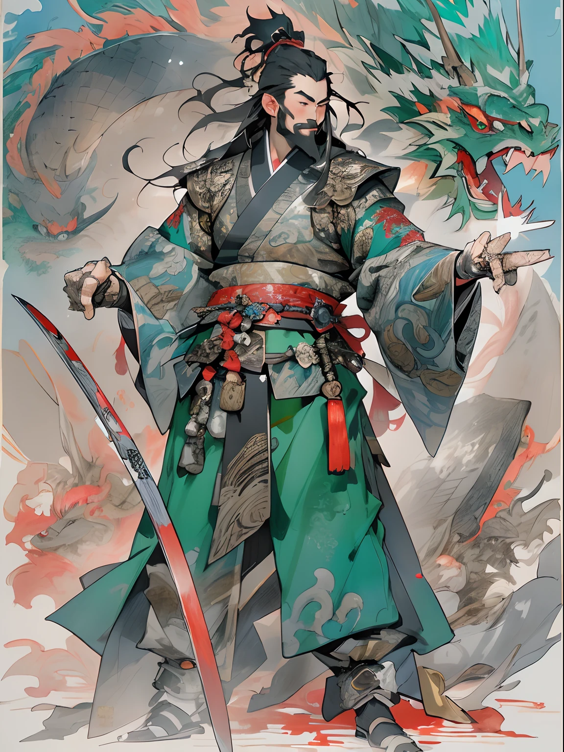 (((China-style,Ink painting method,Half-length portrait,Intense color,Han dynasty, China,Hanfu,Armor,Guan yu,Guan Yunchang,of a guy,Ruddy killing square face,Hold the Blue Dragon Moon Knife in his right hand,Stroke your beard with your left hand,Long hair,petty eyes,Green robe))), (((best qualityer))), (((tmasterpiece))), (((AS-Adult))), ((( Japanese ))), Look up from your knees, Handsome Asian samurai,perfect body figure, Modern samurai, ((( Asian))), Wear gloves on your hands,The left arm is made of steel and metal tips,Made of protective devices, The eyes are pulled, (( Appears below the chest )), (( Small dental floss )), Simon Bisley, Almost naked(Simon Bisley)Castle City Wilderness,For high-resolution posters, hair straight, Minimum clothing, armure (Crazy clothes ), Full of tips and rivets, tribal tattoos, (((full bodyesbian))), Straight brunette hair,Colored hair ends