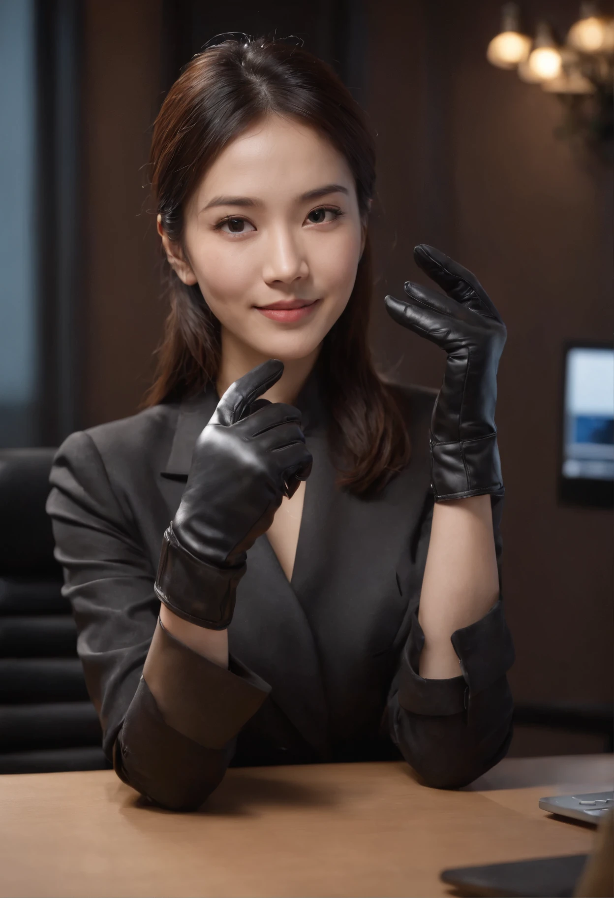 Wearing black leather gloves in both hands, upper body, black business suit, facing the desk in my room with a computer in the dark, while looking at the screen with a smile, operate the computer with the fingertips of black leather gloves, black hair bundled in the back for a long time, still young and very cute Japanese female new employee (black leather gloves cover both hands)