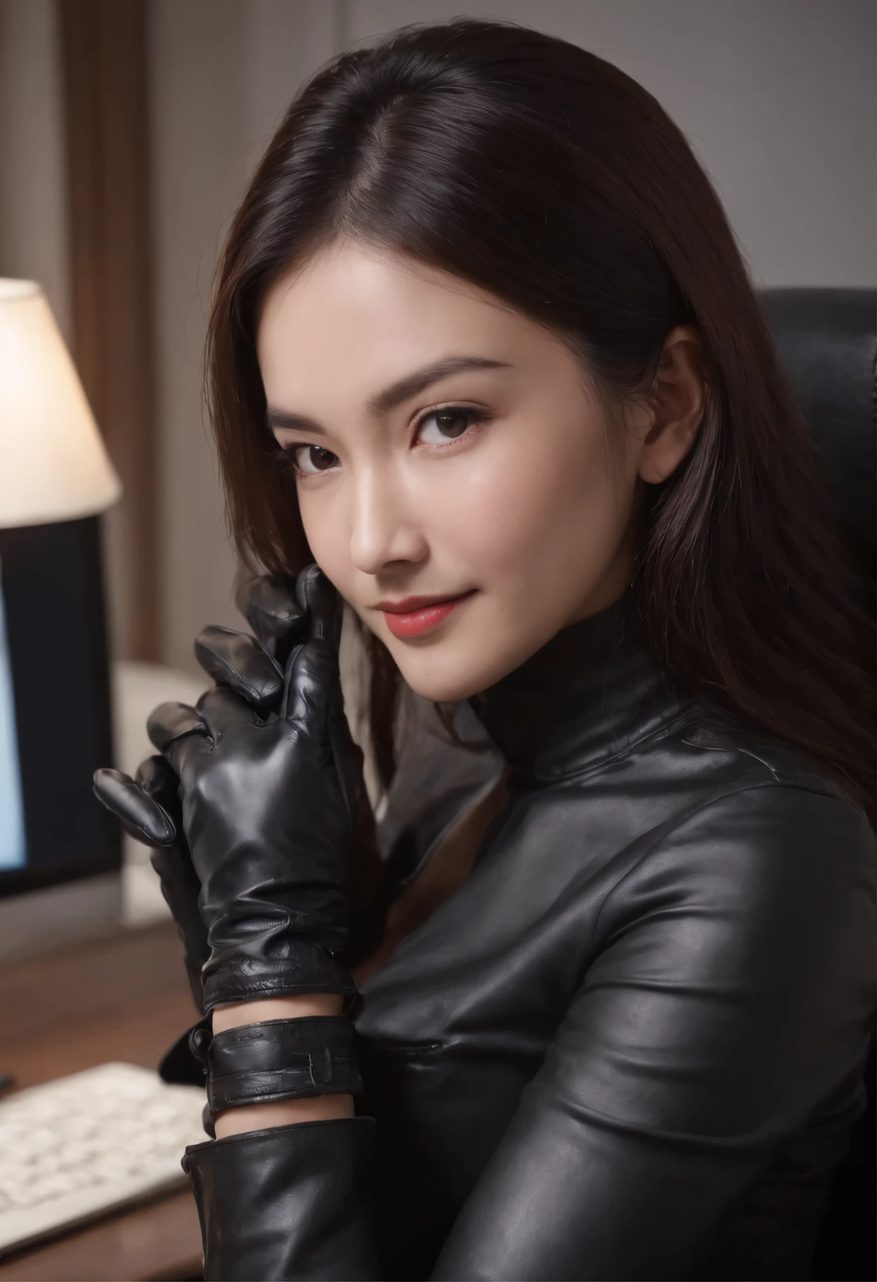 Wearing black leather gloves in both hands, upper body, black business suit, facing the desk in my room with a computer in the dark, while looking at the screen with a smile, operate the computer with the fingertips of black leather gloves, black hair bundled in the back for a long time, still young and very cute Japanese female new employee (black leather gloves cover both hands)