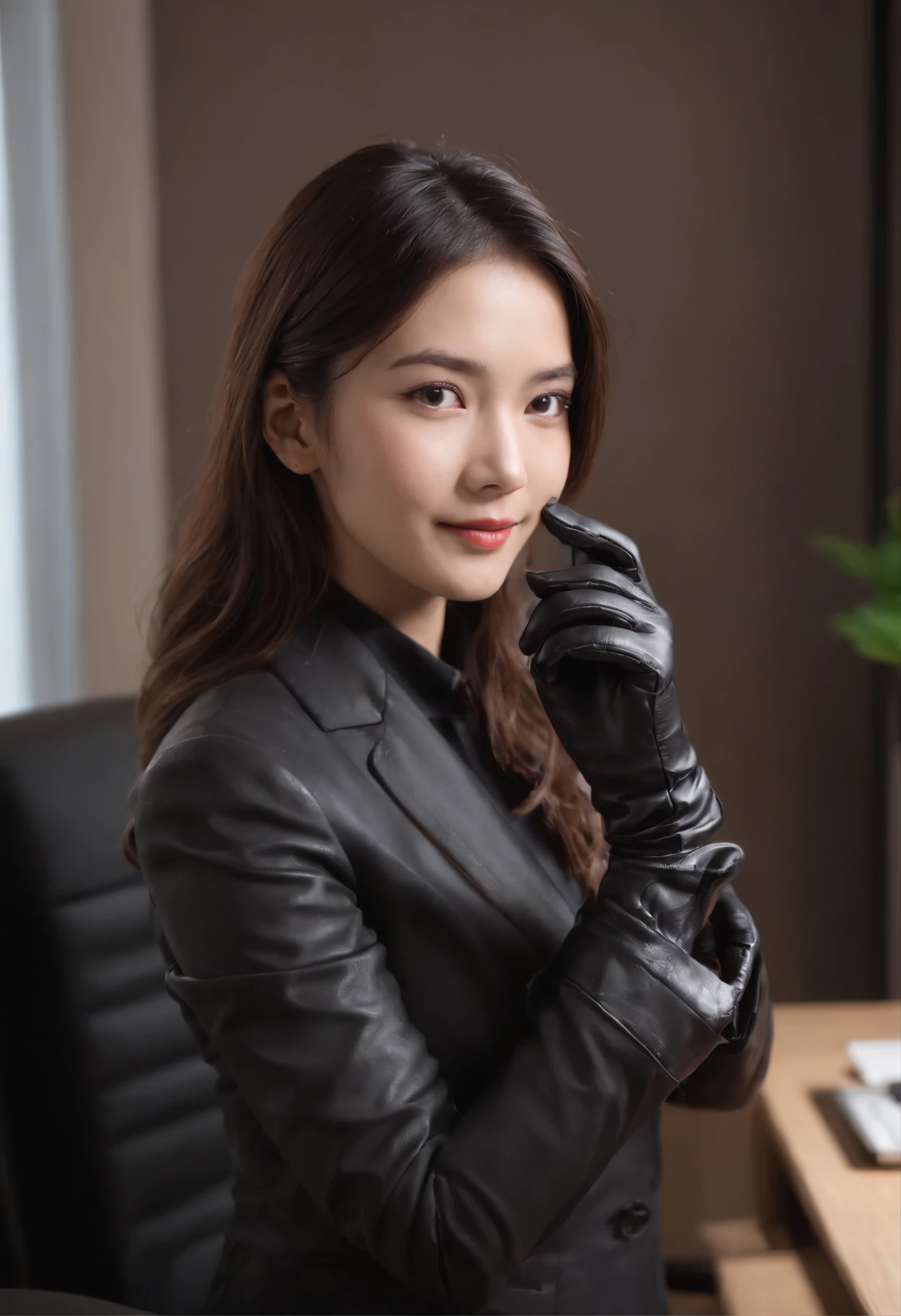 Wearing black leather gloves in both hands, upper body, black business suit, facing the desk in my room with a computer in the dark, while looking at the screen with a smile, operate the computer with the fingertips of black leather gloves, black hair bundled in the back for a long time, still young and very cute Japanese female new employee (black leather gloves cover both hands)