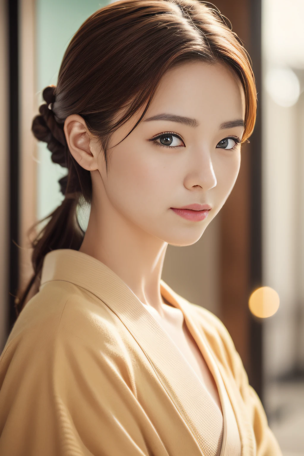 Wearing a kimono with upper eyes、Realistic Japan Woman, beautiful japanese female, goddess of Japan, Beautiful Japan Female Face、A MILF、Sexy Japan woman、Looking at the camera、Look into the eyes、facing front、Beautiful collarbone、Narrow-eyed、Single eyelid、Small eyes、tthin eyebrows、30-year-old woman with、low nose、thin lipss、Dimples、tying brown hair、On tatami mats、Sit upright、