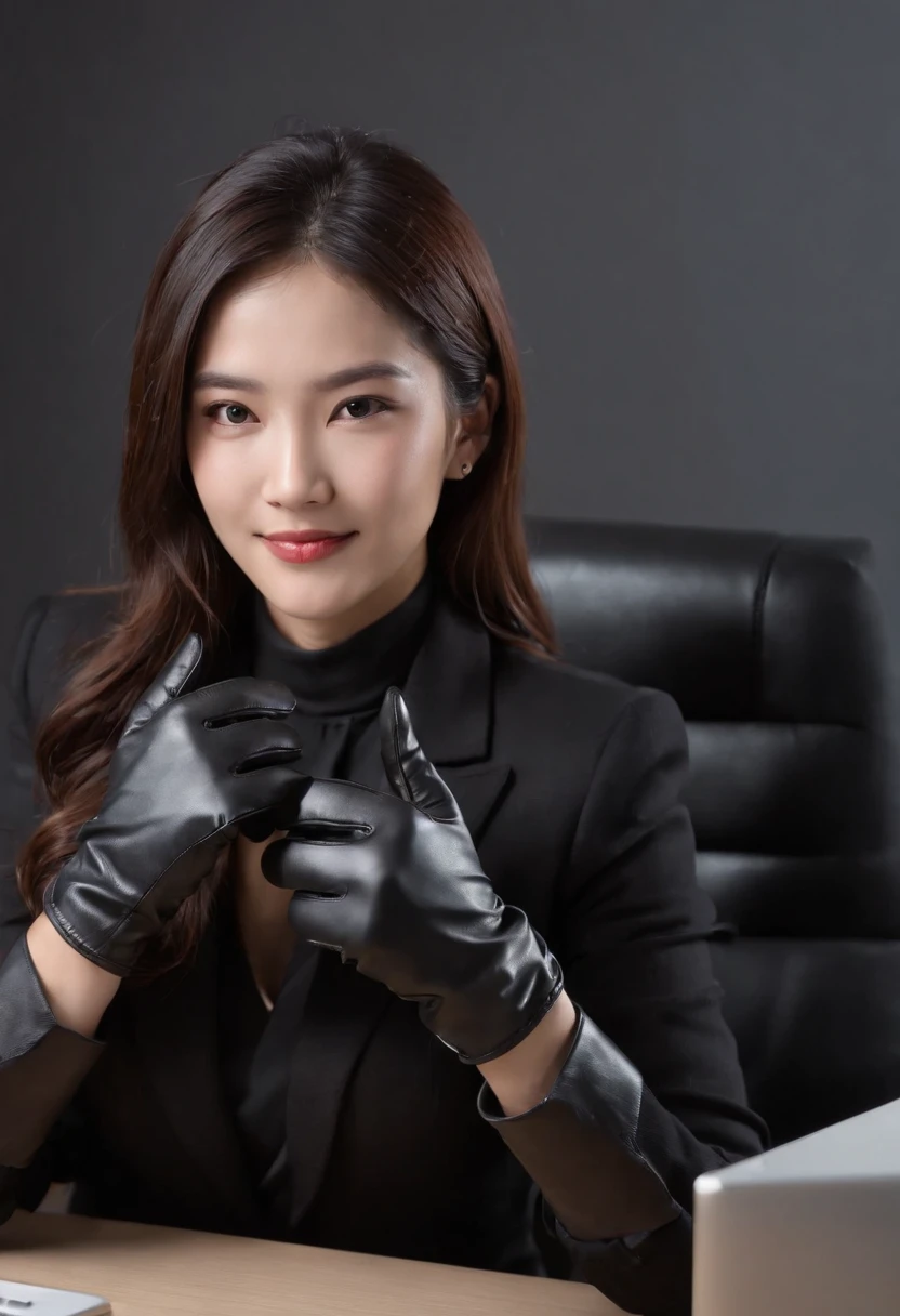 Wearing black leather gloves in both hands, upper body, black business suit, facing the desk in my room with a computer in the dark, while looking at the screen with a smile, operate the computer with the fingertips of black leather gloves, black hair bundled in the back for a long time, still young and very cute Japanese female new employee (black leather gloves cover both hands)