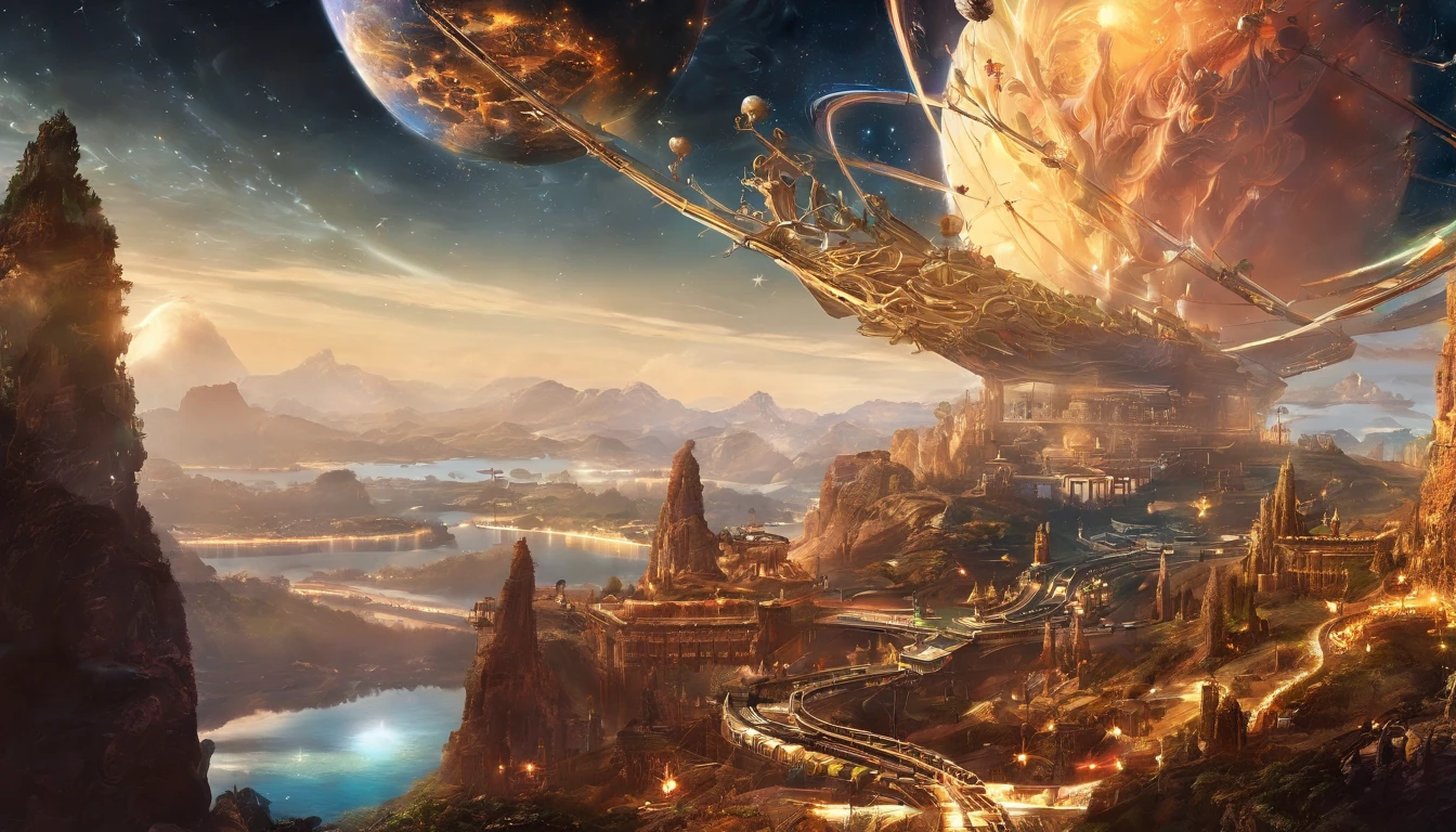 (Highest image quality),(Works of masters),(8k wallpaper),in a panoramic view,Interstellar School,A school city built on a huge space station in space,The artificial creation of the ecosystem inside the translucent luxury space station is beautiful,Lake,rios,mountain ranges,Hills are everywhere,Streamlined Chinese luxury architecture from land to water,All-round rational use of the space station,Golden ornate building,Let the entire space station shine with golden light,Embellished with luxurious gemstones,Blend into the entire starry sky,Chinese decorative motifs are found all over the space station and the Interstellar Academy,Countless spacecraft in and out of the space station,Perfectcomposition,professinal,Meisterville,commissioned,best qualtiy,After fixation,Retouching,Improvement,pastoral,Tone-mapping,highly detailed,digitial painting, art stations,Conceptual map of the long dam,Smoothness,Sharp focus, Beautiful illustration,photore,The light from the back window is backlighted,动态照明,Mist,复杂,cinematic grain,professinal, face to the viewer,Volumetriclighting,subsurfacescattering,Good highlights,Good shadows,cinematic ligh,Beautiful studio,softlighting,rim-light,ellegance,beatiful background,rendering by octane,HR Giger style,8K,top Quority,tmasterpiece,illustratio,smooth and beautiful,highly detailed,CG wallpaper,(realisticlying,Fidelity: 1.37) ,outstanding,Exquisite details,tmasterpiece,top Quority,offcial art,Very verbose