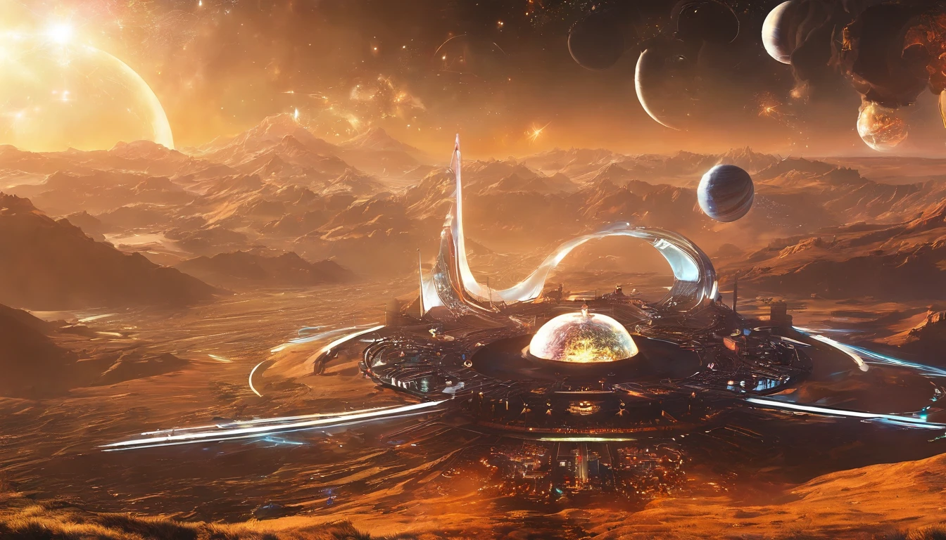 (Highest image quality)，(Works of masters)，(8k wallpaper)，in a panoramic view，Interstellar School，A school city built on a huge space station in space，The artificial creation of the ecosystem inside the translucent luxury space station is beautiful，Lake，rios，mountain ranges，Hills are everywhere，Streamlined Chinese luxury architecture from land to water，All-round rational use of the space station，Golden ornate building，Let the entire space station shine with golden light，Embellished with luxurious gemstones，Blend into the entire starry sky，Chinese decorative motifs are found all over the space station and the Interstellar Academy，Countless spacecraft in and out of the space station，Perfectcomposition，professinal，Meisterville，commissioned，best qualtiy，After fixation，Retouching，Improvement，pastoral，Tone-mapping，highly  detailed，digitial painting， art  stations，Conceptual map of the long dam，Smoothness，Sharp focus， Beautiful illustration，photore，The light from the back window is backlighted，动态照明，Mist，复杂，cinematic grain，professinal， face to the viewer，Volumetriclighting，subsurfacescattering，Good highlights，Good shadows，cinematic ligh，Beautiful studio，softlighting，rim-light，ellegance，beatiful background，rendering by octane，HR Giger style，8K，top Quority，tmasterpiece，illustratio，smooth and beautiful，highly  detailed，CG wallpaper，(realisticlying，Fidelity: 1.37) ，outstanding，Exquisite details，tmasterpiece，top Quority，offcial art，Very verbose