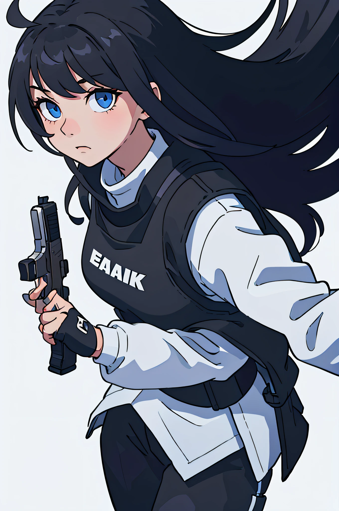 1girl, long black hair, blue eyes, wearing black fbi armor vest, black pants, white empty background, grabbing pistol, shooting, absurdres, high res, ultrasharp, 8K, masterpiece, looking at viewer
