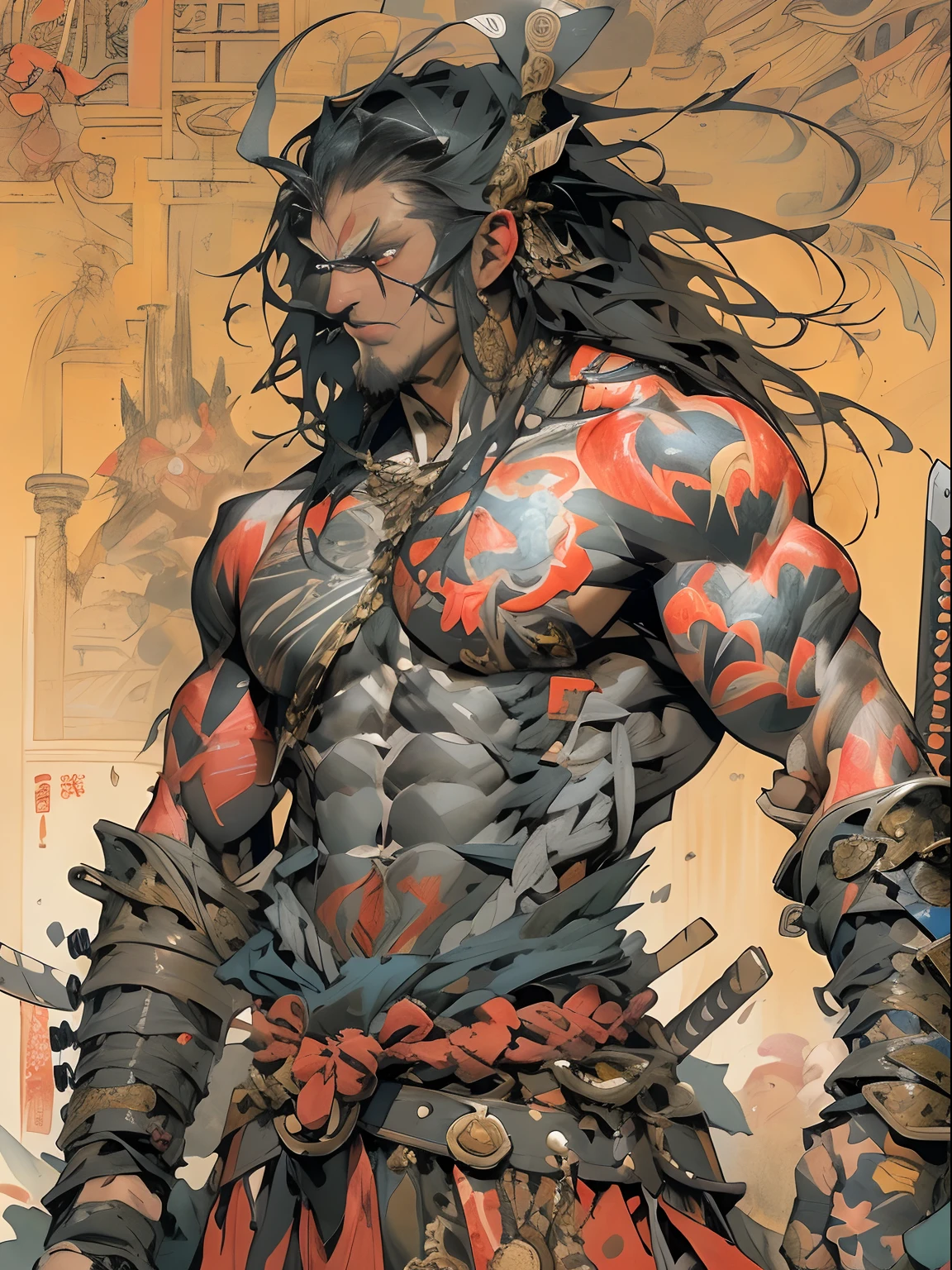 (((mtu))), (((best qualityer))), (((tmasterpiece))), (((AS-Adult))), ((( Japanese ))), Look up from your knees, Handsome Asian samurai,perfect body figure, Modern samurai, ((( Asian))), Wear gloves on your hands,The left arm is made of steel and metal tips,Made of protective devices, The eyes are pulled, (( Appears below the chest )), (( Small dental floss )), Simon Bisley, Almost naked(Simon Bisley)Castle City Wilderness,For high-resolution posters, hair straight, Minimum clothing, armure (Crazy clothes ), Full of tips and rivets, tribal tattoos, (((full bodyesbian))), Straight brunette hair,Colored hair ends