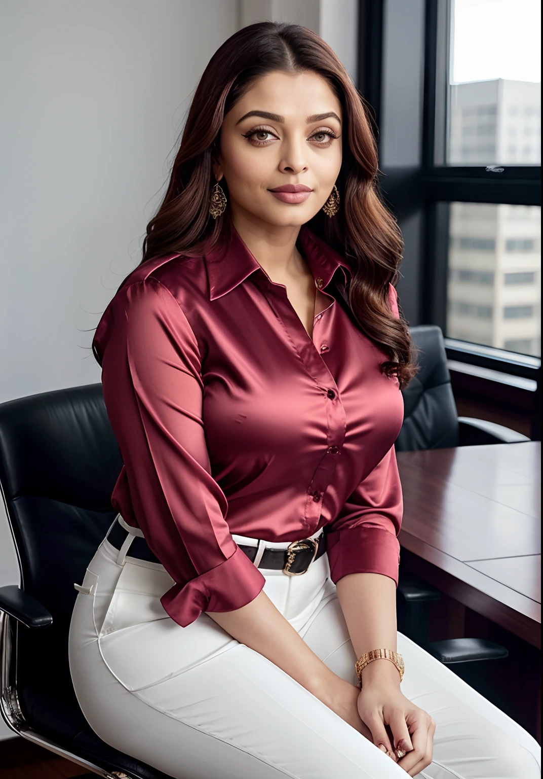 Aishwarya Rai Bachchan, busty corporate lady, unbuttoned satin red shirt, white trousers, high boots, posing in boardroom meeting, day scene, seductive face, look at a camera and smile, tied up high ponytail hair, erotic adult face, 42 yo, soft volumetric lights, intricate details, (ArtStation:1.2)