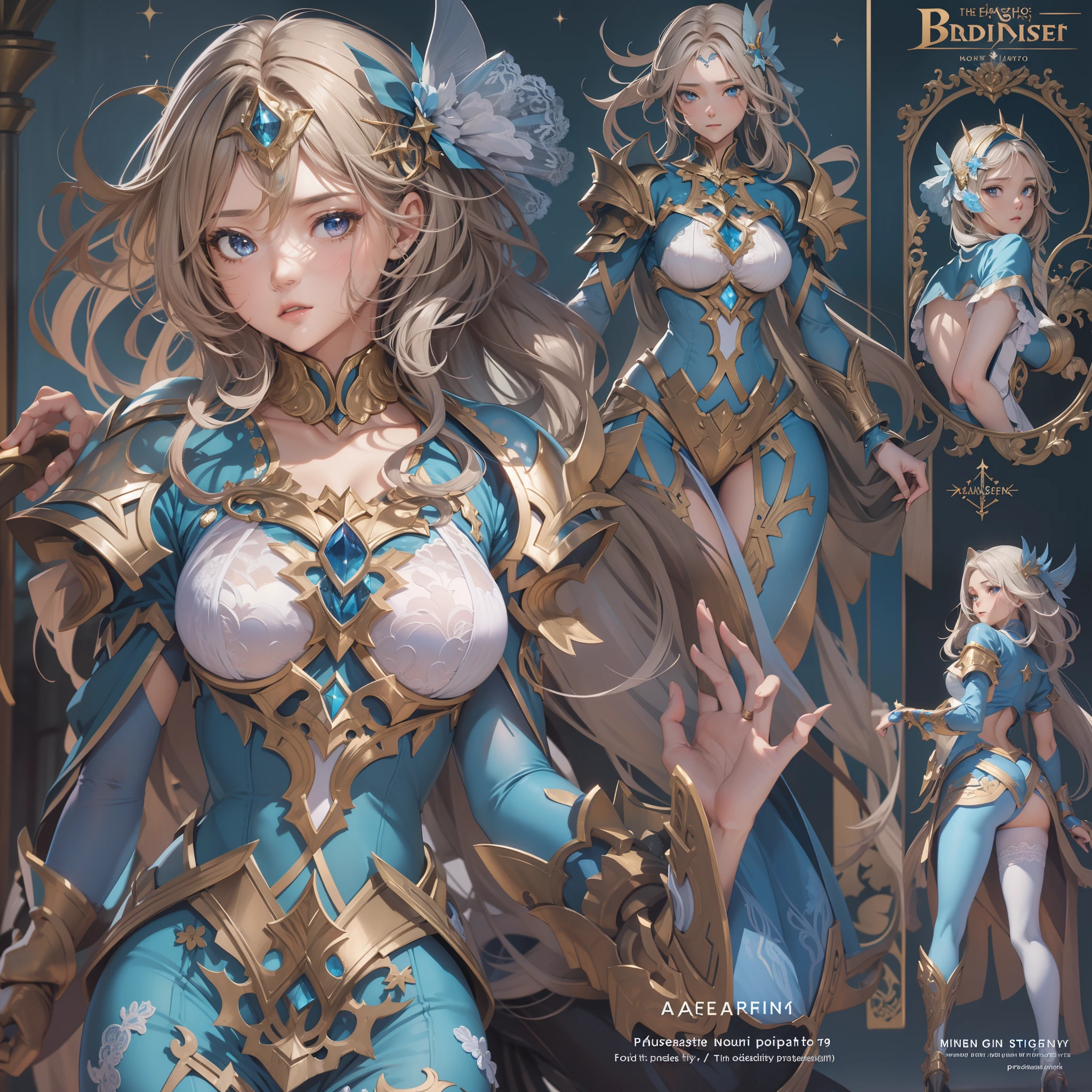 ((Masterpiece, Highest quality)), Detailed face, CharacterDesignSheet， full bodyesbian, Full of details, Multiple poses and expressions, Highly detailed, Depth, Many parts，Beautiful paladin girl，lacepantyhose, High Balance, Natural light, Lace，lacepantyhose，blue colors，starrysky，Star decoration