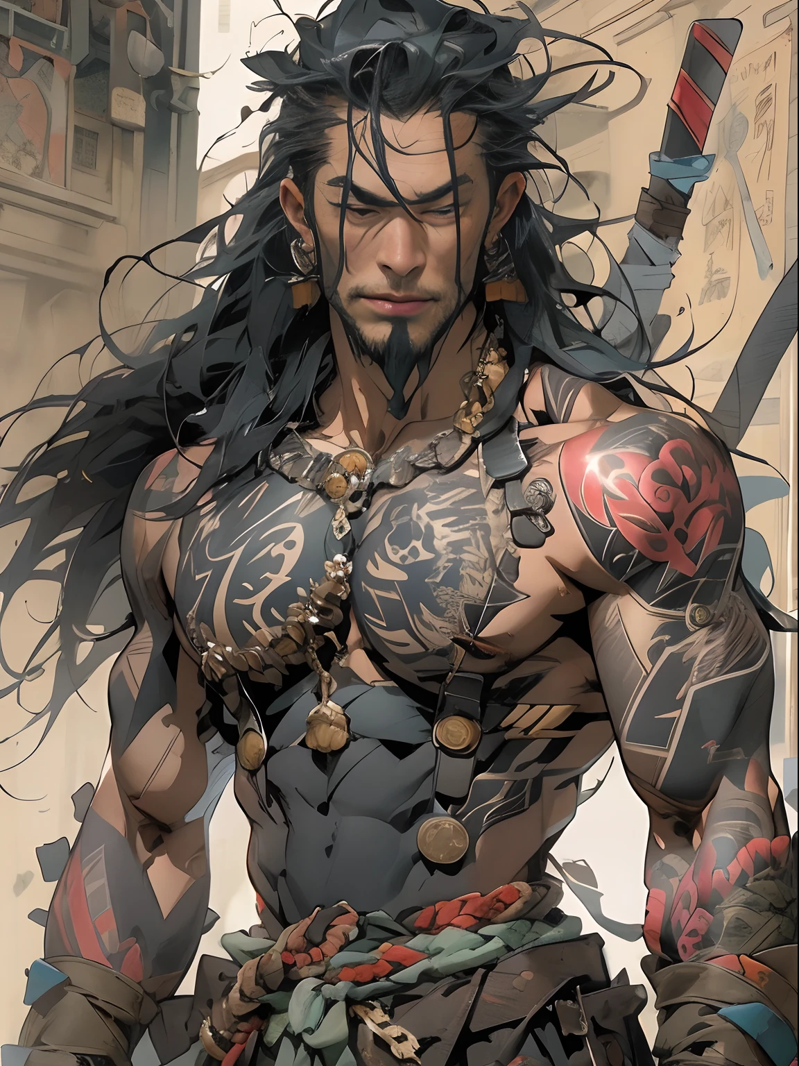 (((mtu))), (((best qualityer))), (((tmasterpiece))), (((AS-Adult))), ((( Japanese ))), Look up from your knees, Handsome Asian samurai,perfect body figure, Modern samurai, ((( Asian))), Wear gloves on your hands,The left arm is made of steel and metal tips,Made of protective devices, The eyes are pulled, (( Appears below the chest )), (( Small dental floss )), Simon Bisley, Almost naked(Simon Bisley)Castle City Wilderness,For high-resolution posters, hair straight, Minimum clothing, armure (Crazy clothes ), Full of tips and rivets, tribal tattoos, (((full bodyesbian))), Straight brunette hair,Colored hair ends