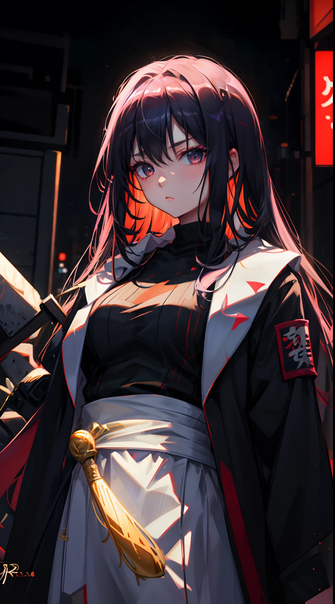 1 girl, upper body, single focus, yakuza queen, O-Ren Ishii-inspired attire, deadly crime lord, (Tokyo underworld backdrop: 1.4), (queen of the underworld: 1.3), crime lord features, ruthless aura, [depth of field, ambient lighting, neon-lit Tokyo foreground, criminal empire], Yakuza Queen O-Ren, ruthless crime lord, underworld reign, (samurai sword), (The Crazy 88: 1.2), intricate details, enhanced lighting.