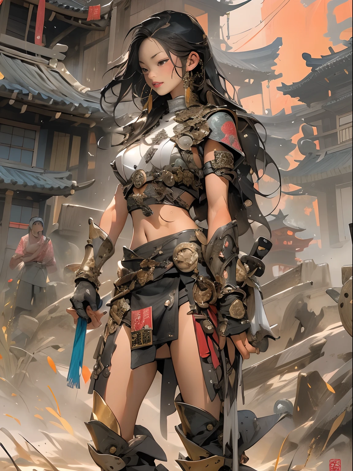 (((woman))), (((best qualityer))), (((tmasterpiece))), (((AS-Adult))), ((( Japanese ))), Look up from your knees, A beautiful asian samurai woman with perfect body, Modern samurai, ((( Asian))), Wear gloves on your hands,The left arm is made of steel and metal tips,Made of protective devices, The eyes are pulled, (( Appears below the breast )), (( Small dental floss )), Simon Bisley, Almost naked(Simon Bisley)Castle City Wilderness,For high-resolution posters, hair straight, Minimum clothing, armure (Crazy clothes ), Full of tips and rivets, tribal tattoos, (((full bodyesbian))), Straight brunette hair,Colored hair ends