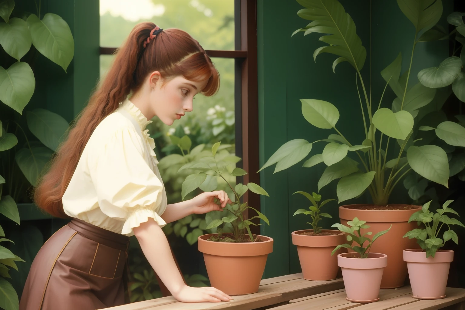 pre-raphaelite girl in ((1990s clothes)) and a ponytail, repotting a plant in her backyard