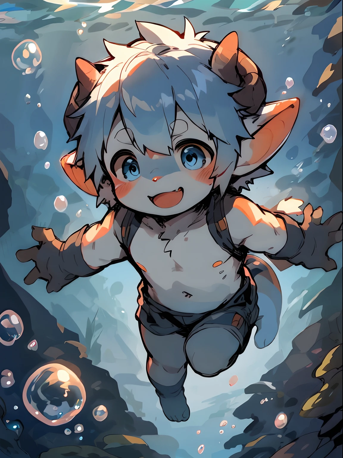 three fourths view，Dark blue body，Fluffy hair，Shota，blue hairs，toddlers，Blue eyes ， adolable， Master masterpieces， A high resolution，8K，detailedbackground，high high quality，Libido boy，独奏，Dragon's horn，Dragon's horn，((Underwater, Bubble, airbubble)),The body floats，Happy expression，((lalafell))，solo person，(by Pino Daeni, canyne khai, milkytiger1145, Dagasi, Yupa，)