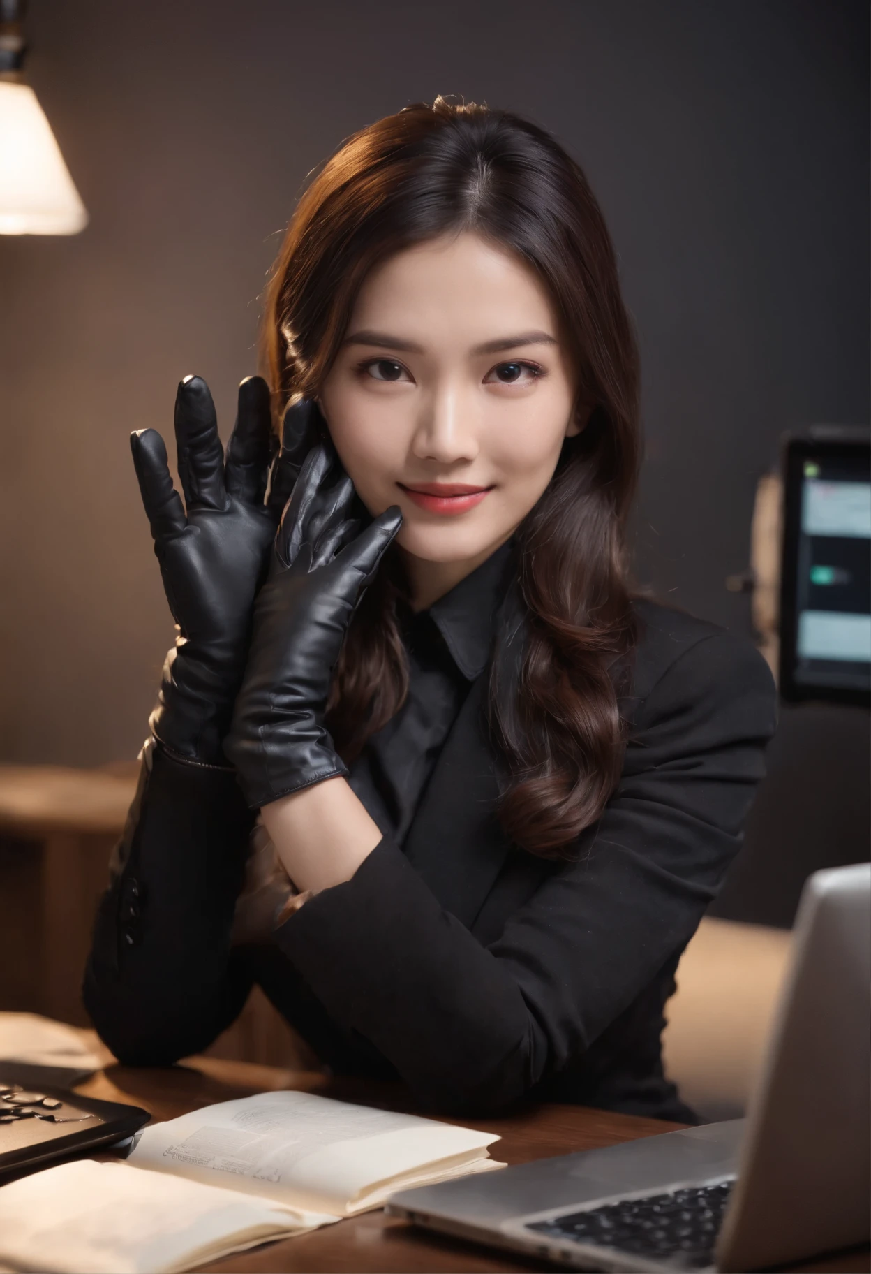 Wearing black leather gloves in both hands, upper body, black business suit, facing the desk in my room with a computer in the dark, while looking at the screen with a smile, operate the computer with the fingertips of black leather gloves, black hair bundled in the back for a long time, still young and very cute Japanese female new employee (black leather gloves cover both hands)