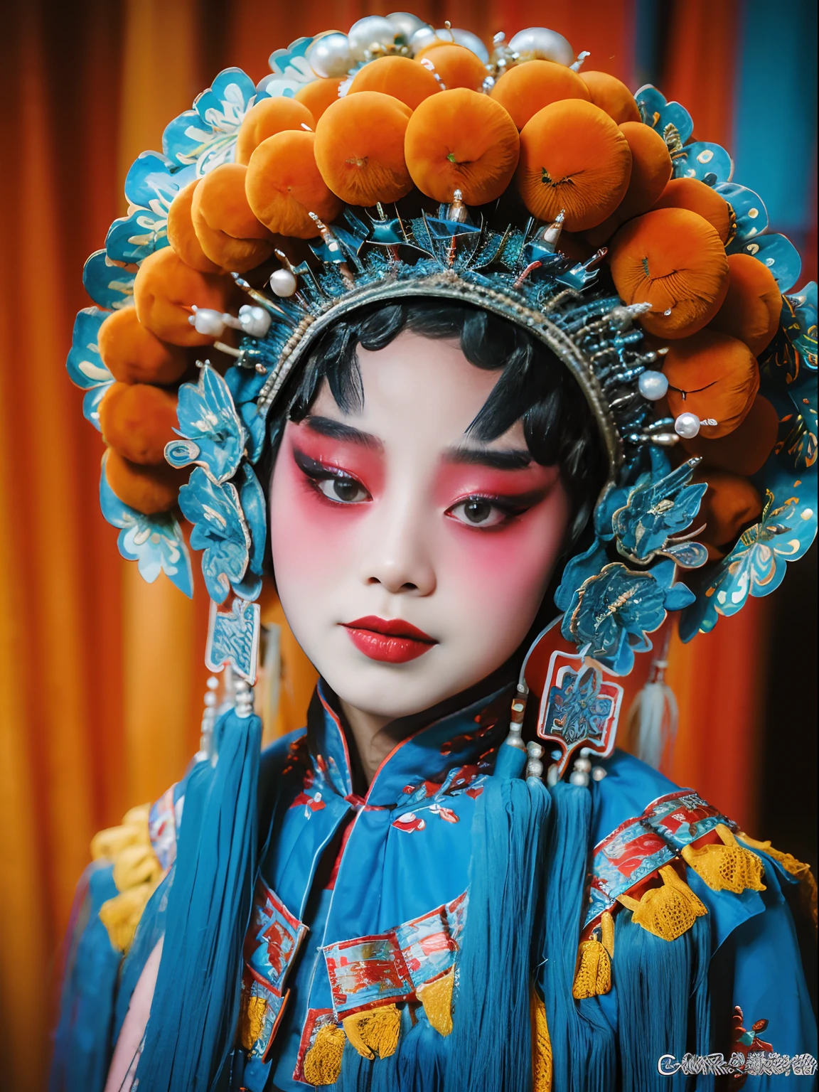 8K，Portrait Photogram，Shocking，movie picture quality，。CNOperaCrown， From the front， looking at viewert， Beautiful makeup，Detailed portrayal of the face。Exquisite headdress， （（（CNOperaFlag）））， Gorgeous costumes， nipple tassels。Chinese red，cloisonne