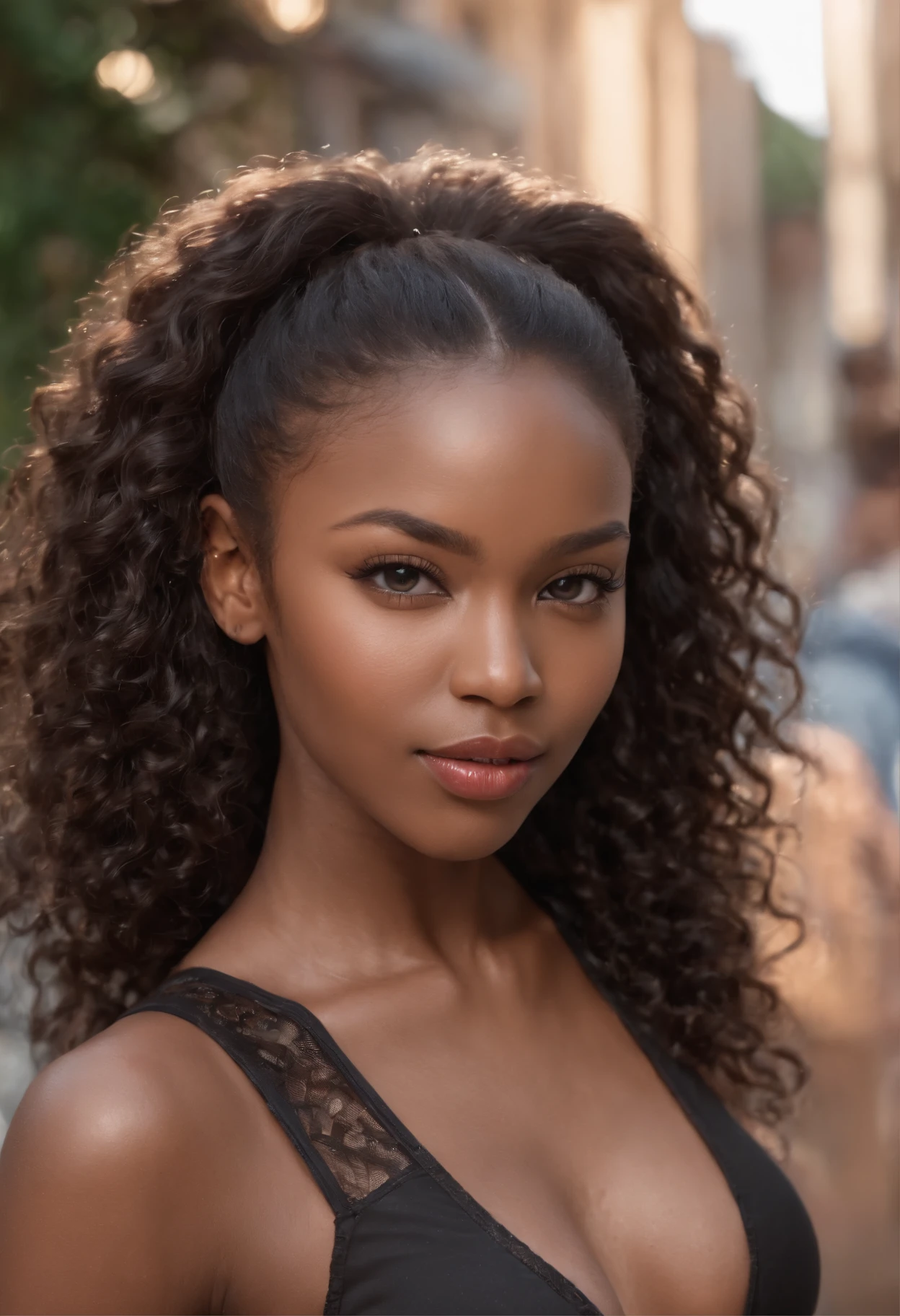 ((African dark skin, very deep ebony skin)), ((her beauty is undeniable)), ((excited cute face)), ((hyper detailed perfect eyes,)), ((cute pose)), ((tongue out)), ((seductive )), sexy, (( tight mesh shirt, sexy short shorts)), ((African long curly afro ponytail hair,)), (( skin)), ((standing, front view)), ((touching her own legs in a sexy pose)), ((outdoors, public city)), sharp focus cgi, photorealistic, high detail, realistic, masterpiece, absurdres, best quality, HDR, high quality, high-definition, extremely detailed, 8k wallpaper, intricate details, 8K uhd, Full-HD, (realistic photo:1.2), contrast, harsh lighting, cinematic lighting, natural lighting, hard light, backlighting, global illumination, ambient occlusion