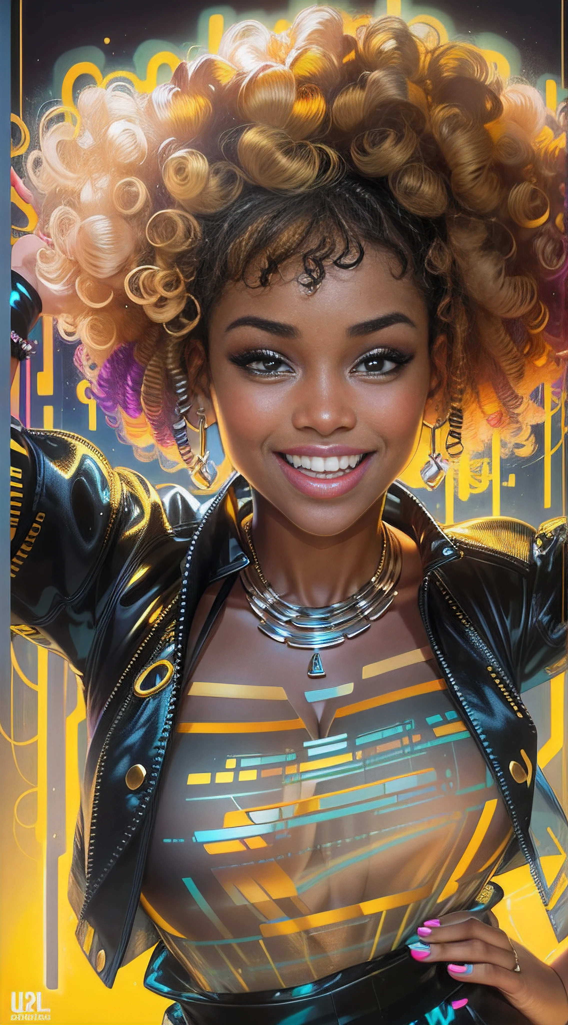 Black girl. gold curly hair, smiling beautiful girl, tulle transparent shirt, cleavage, big chest, against a bright background, interesting pose, bright modern clothes, creative haircut, multicolor with gold and silver, ultra detail, neon light, ultra dynamic light, high quality, by Butcher Billy, Caia Koopman, Coby Whitmore