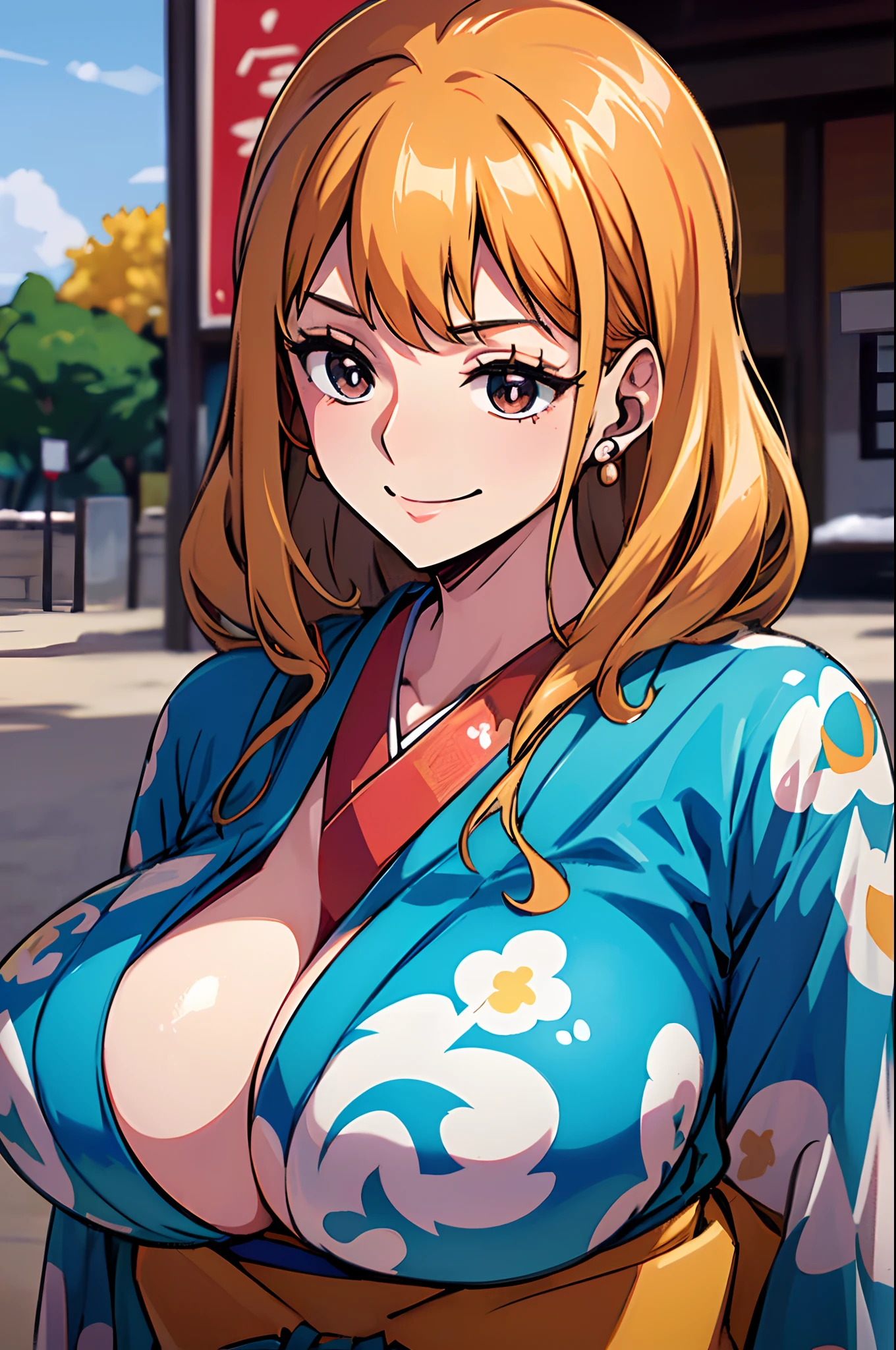 NSFW, Masterpiece, ((ultra detailed background, delicate pattern, intricate high detail)), (highly detailed, finedetail), Best quality, , ((Huge-breasts, fille mince)), NamiV2, 1fille, cheveux orange, seulement, cheveux longs, joaillerie, (( japanese clothes, kimono, left shoulder tattoo)), ornement de cheveux, yeux bruns, sourire, earrings, ((complex detailed background, outside, tatouage bleu, Environnement urbain, Environnement traditionnel des villes japonaises, japanese buildings, gros plan, portrait)),