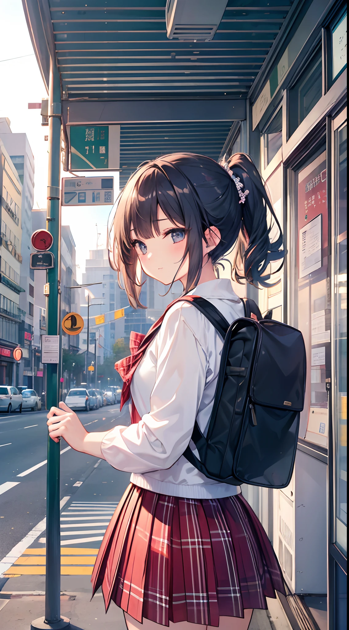 1girl in, 独奏, plein air, sunlights, doress, A city scape, a street, serafuku, Plaid skirt, student clothes, rucksack, Mouth closed, Light smile, is standing, bus stop,perfect hand、