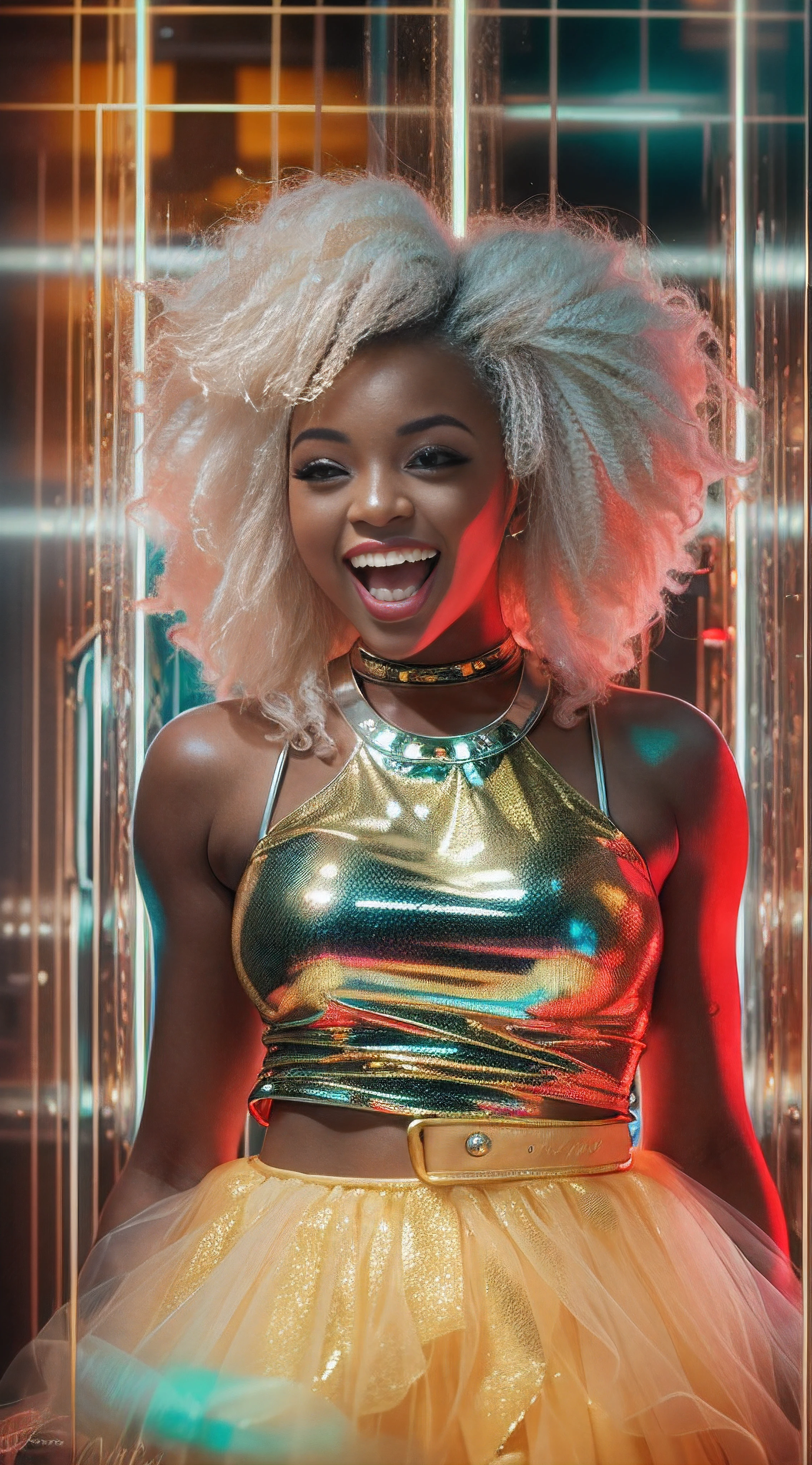 Black girl. gold curly hair, smiling beautiful girl, tulle transparent shirt, cleavage, big chest, against a bright background, interesting pose, bright modern clothes, creative haircut, multicolor with gold and silver, ultra detail, neon light, ultra dynamic light, high quality, by Butcher Billy, Caia Koopman, Coby Whitmore