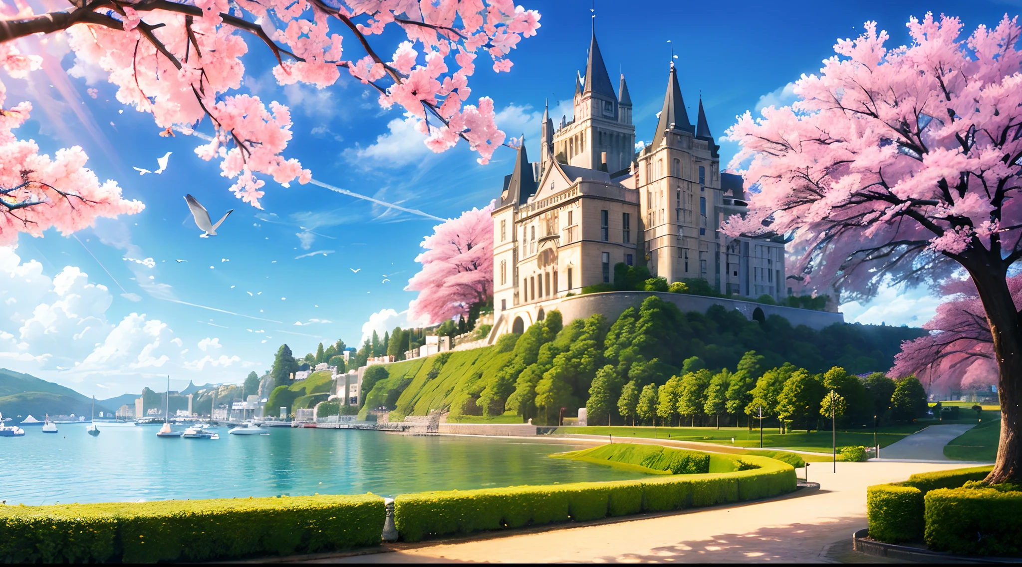 Grand Castle, Great City around the Castle, Sun Rays, Birds, Heaven, Birds, Wallpaper, Masterpiece, Realistic, Colorful, Gorgeous, 8K, Ultra Realistic, Cherry Blossom Trees, Near Sea Shore, Sun Rise.