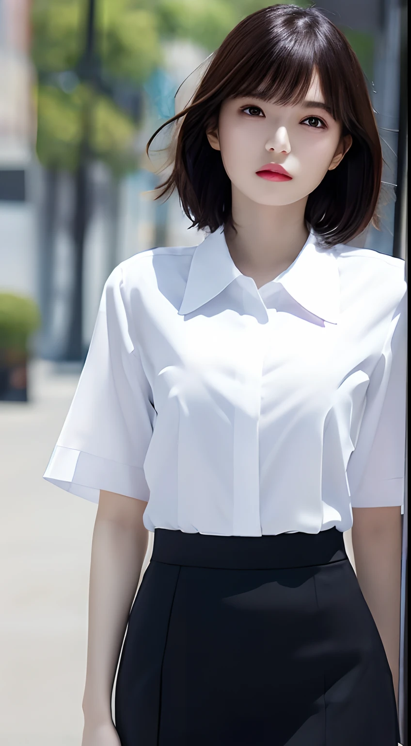 Cute girl, 10 years old, white blouse, black mini skirt, cute panties, front, from belo