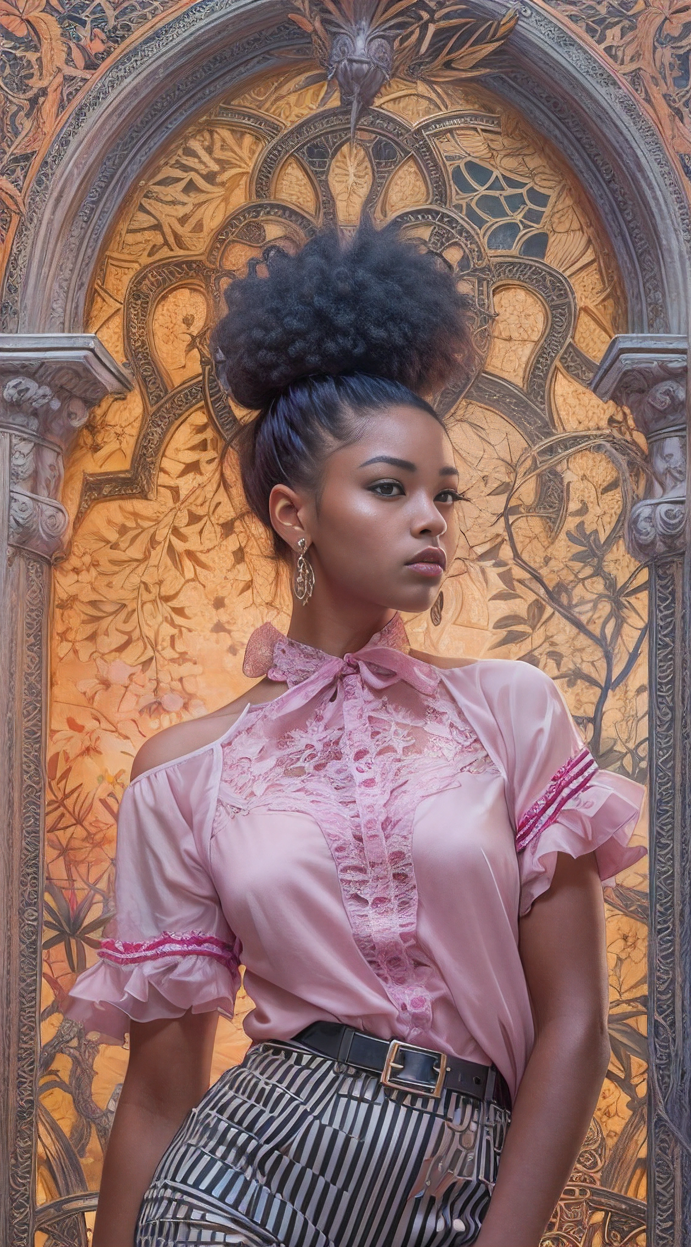 Black female. portrait painting of a beautiful fashionista posing on a runway on a fashion show, lilac orange blue cream and fuchsia bright vivid gradient colors, gorgeous face, edgy hair, shirt with puff sleeves and black lace, belted high waist pants, cute lace socks, romantic academia aesthetic, grunge aesthetic, close-up, emotional realism, magic realism, conceptual art, figurative painting, hyperrealism, detailed, intricate motifs, organic tracery, elaborate, by vincente romero, by EVA GAMAYUN, BY allison reimold, By Rose Morrison, By Ruby Caurlette