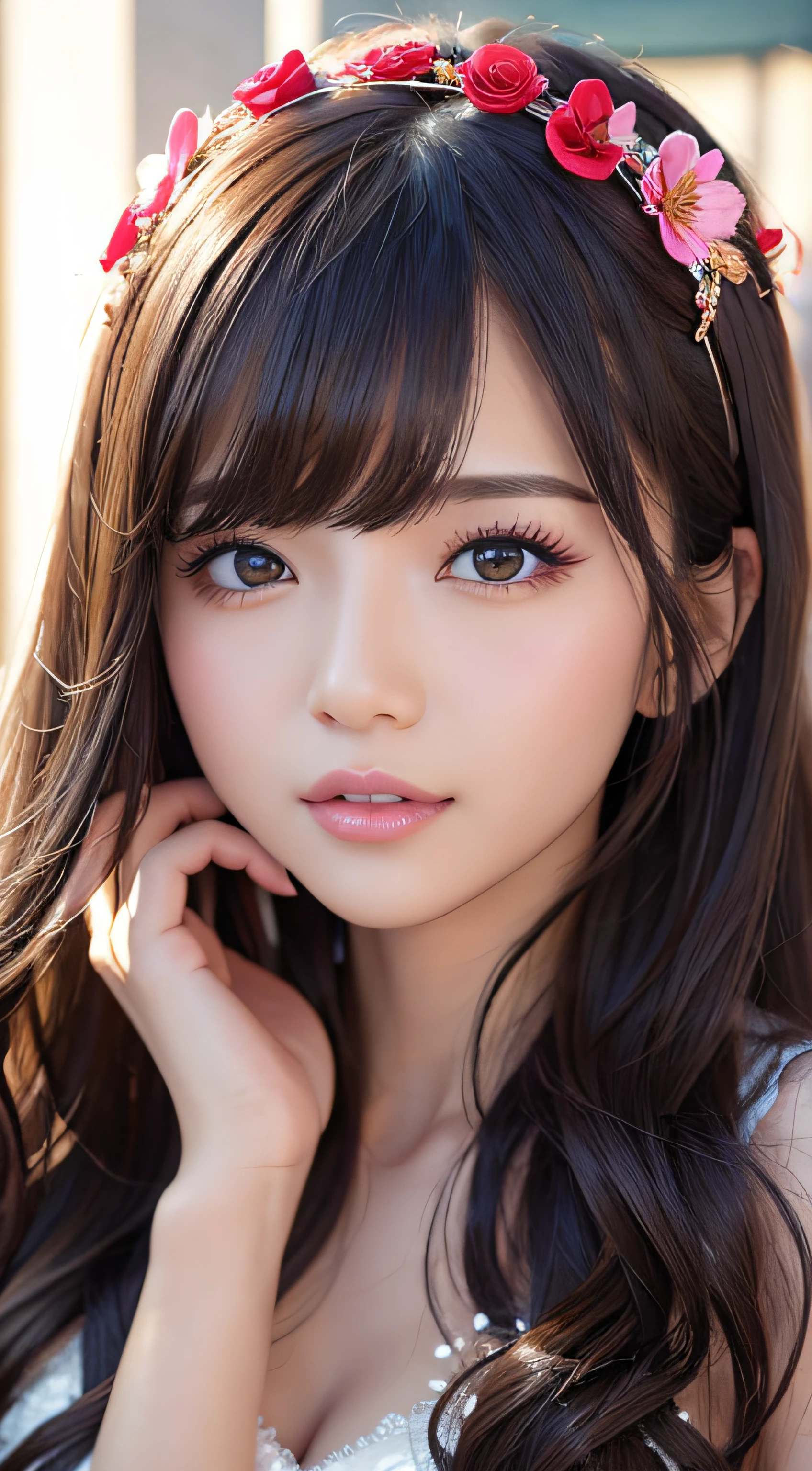 1 girl walking in city city、mix、Full body image 、No underwear、s lips、Opening Mouth、Outstanding style、Slim body、medium udder、realisitic、a picture_\(Curly\)、独奏、(masterpiece)、(Photorealsitic:1.3)、ultra-detailliert、(high detal)The skin:1.2)、(top-quality:1.0)、(超A high resolution:1.0)、(Orchan-6500:0.3)、Wavy detailed hair、length hair、rays of sunshine、(Beautiful detailed makeup)、(sexual excitement、red blush、Rough breathing:1.0) )、Studded flower themed petals、(soft glow bloom:0.5)