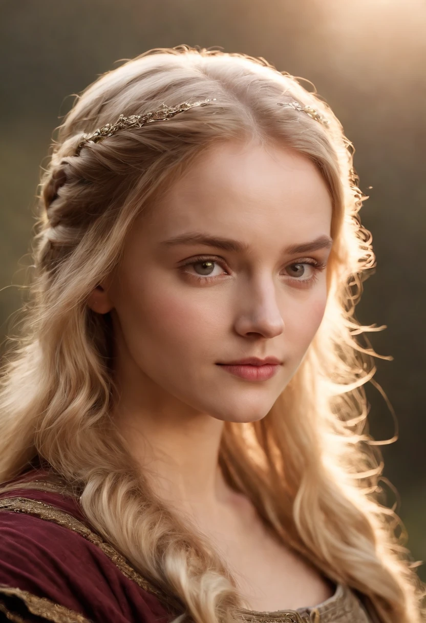 Eowyn, fair complexion, woman around 19 years old, natural blonde hair, distinctive brown eyes, slender and graceful, beautiful, candlelight in a medieval setting, ultra sharp focus, realistic shot, medieval female clothes, tetradic colors (scar:1.4), holding a sword