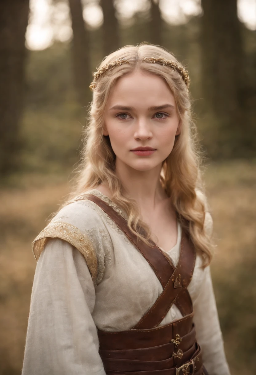 Eowyn, fair complexion, woman around 19 years old, natural blonde hair, distinctive brown eyes, slender and graceful, beautiful, candlelight in a medieval setting, ultra sharp focus, realistic shot, medieval female clothes, tetradic colors (scar:1.4), holding a sword