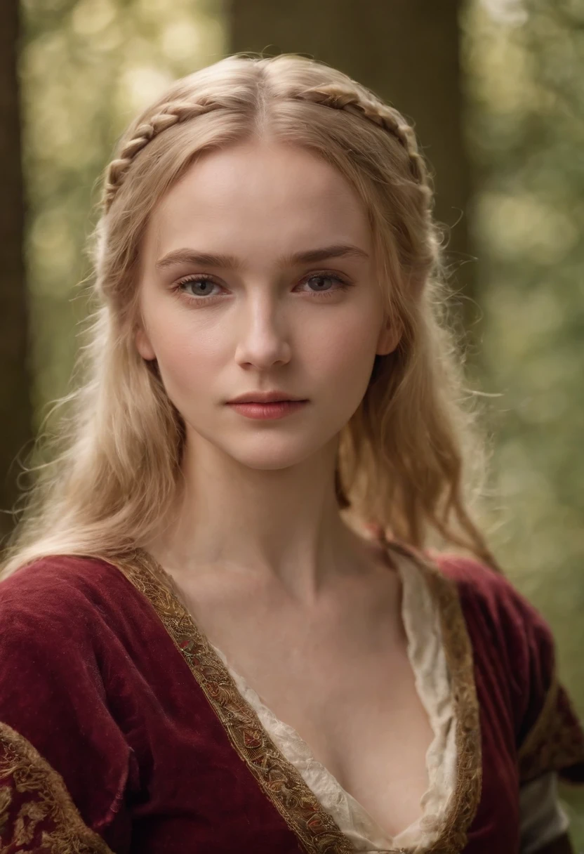 Eowyn, fair complexion, woman around 19 years old, natural blonde hair, distinctive brown eyes, slender and graceful, beautiful, candlelight in a medieval setting, ultra sharp focus, realistic shot, medieval female clothes, tetradic colors (scar:1.4), holding a sword