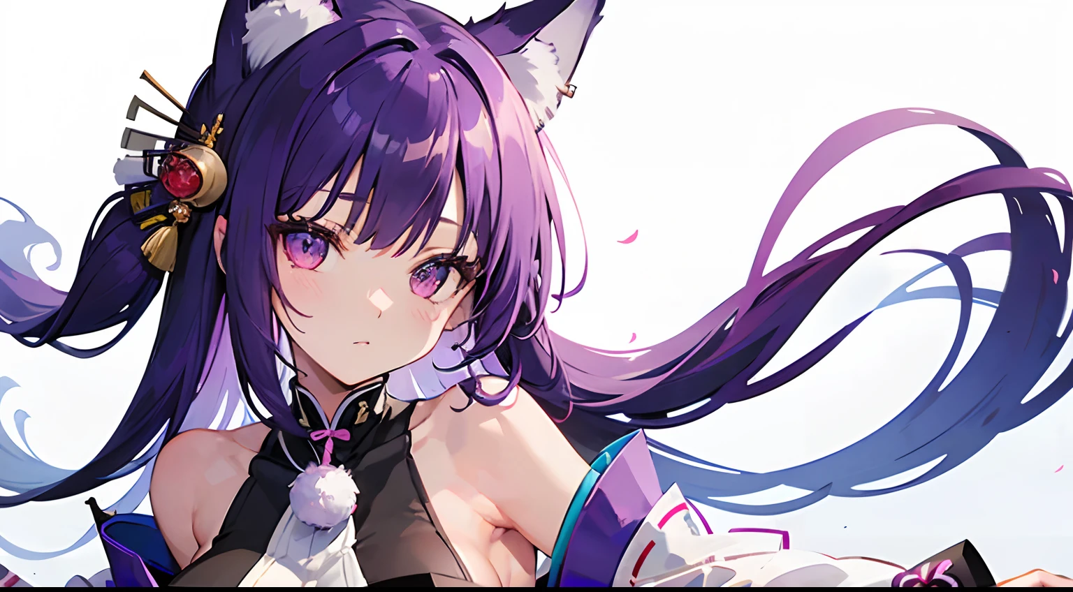 (Best Quality,Ultra-detailed),Cute woman with long hair and purple hair, Japanese style, Fox ears, Beautifully detailed face and shoulders, Medium-sized breasts, White background.