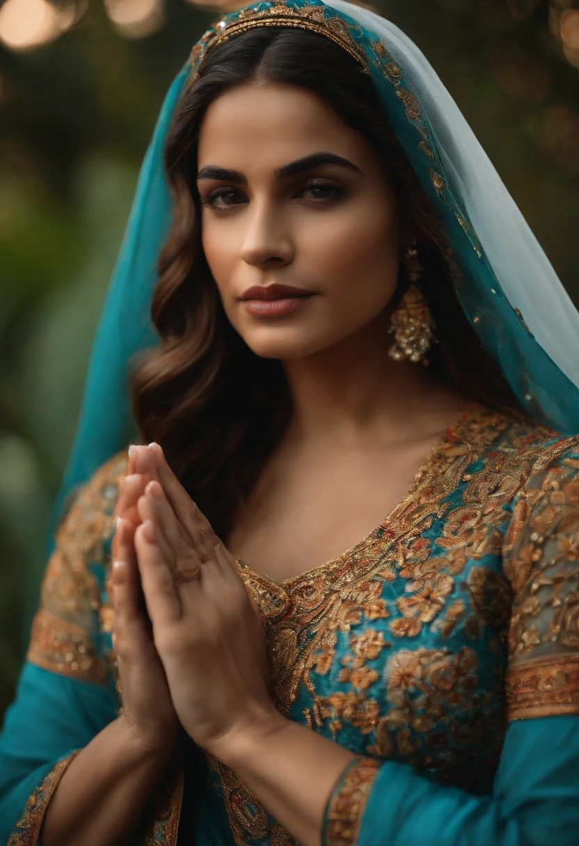 uma mulher de 25 anos, com roupas angelicais que cobrem todo o corpo, hands in prayer position, staring directly at camera