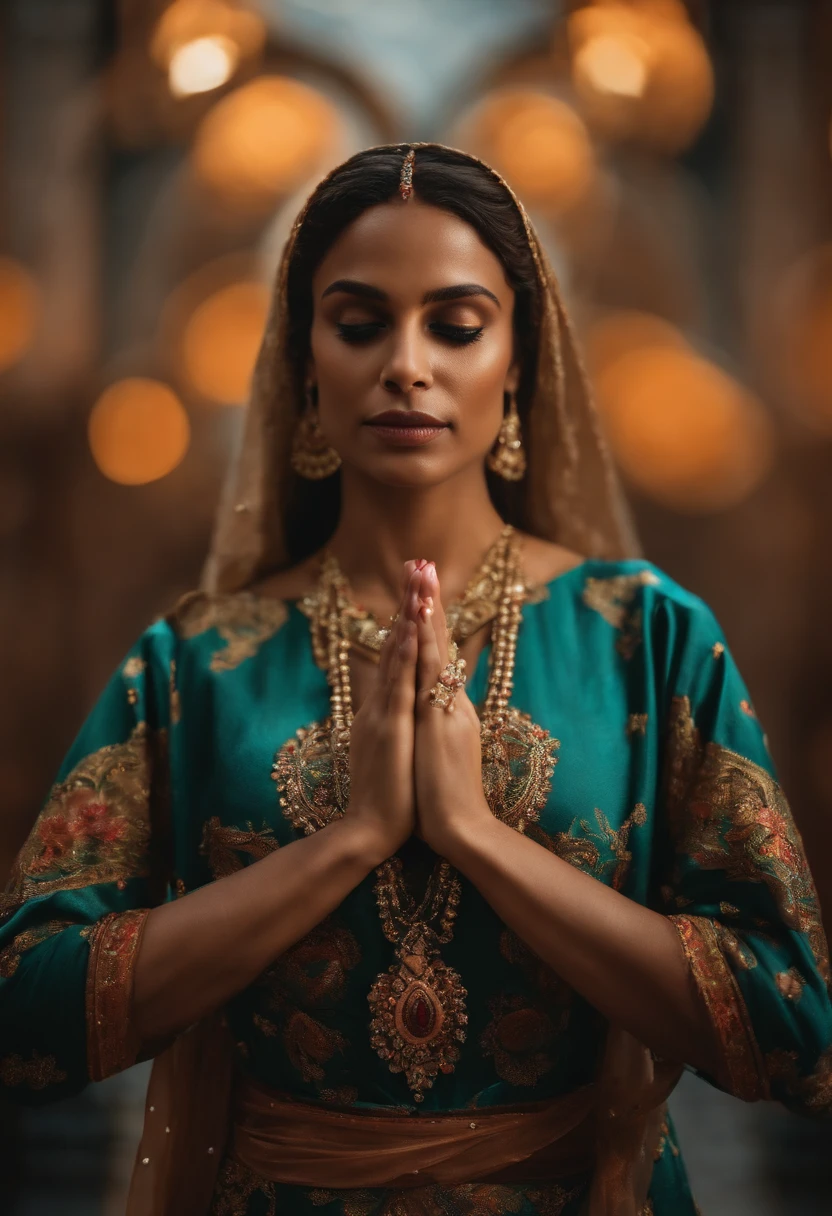 uma mulher de 25 anos, com roupas angelicais que cobrem todo o corpo, hands in prayer position, staring directly at camera