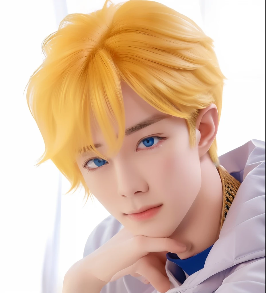 1boy, Claude de alger obelia, manhwa, yellow hair, jewel blue eyes, realistic, ultra detail, 70mm lens, handsome