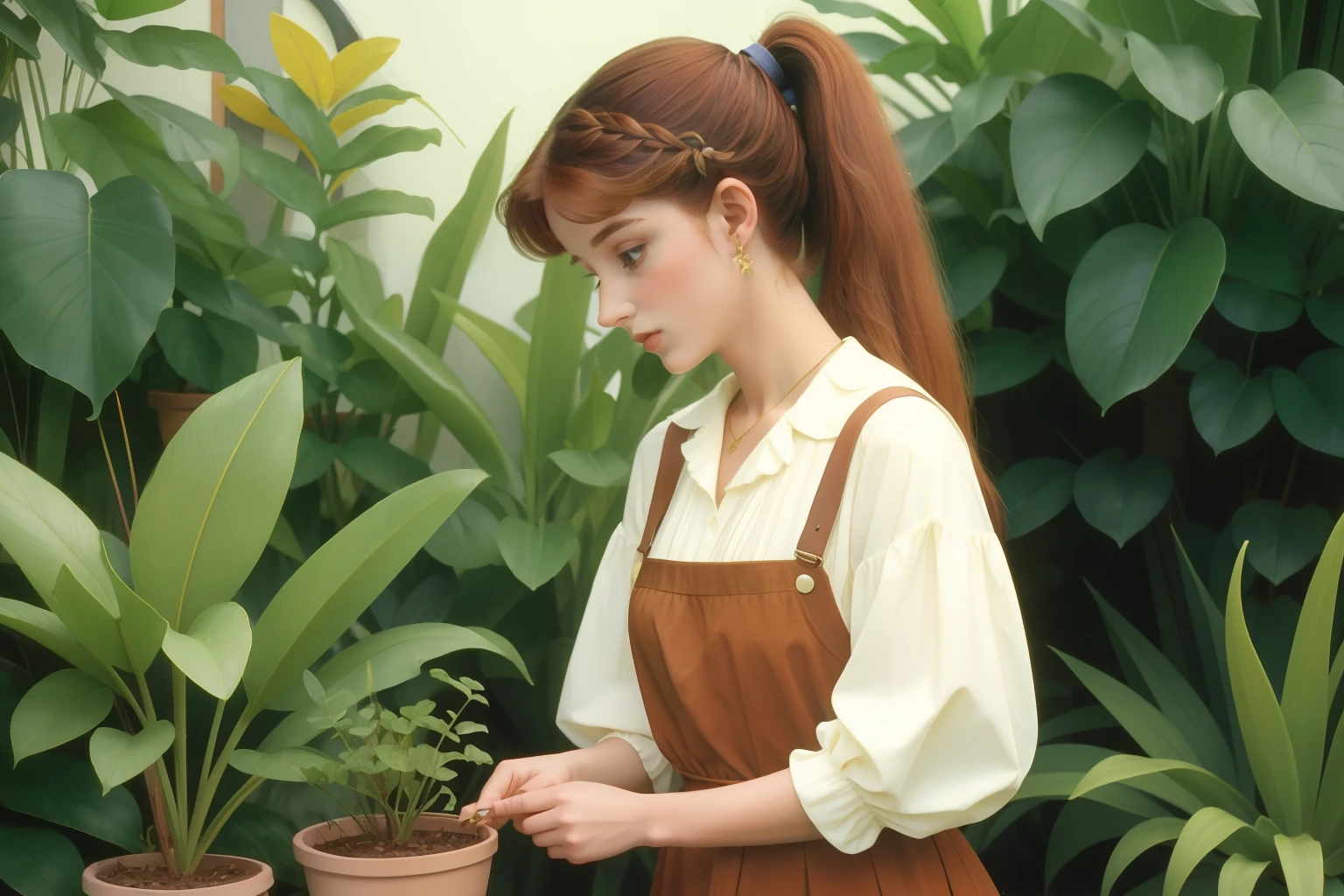 pre-raphaelite girl in ((1990s modern colorful clothes)) ((modern)) and a ponytail, repotting a plant in her backyard