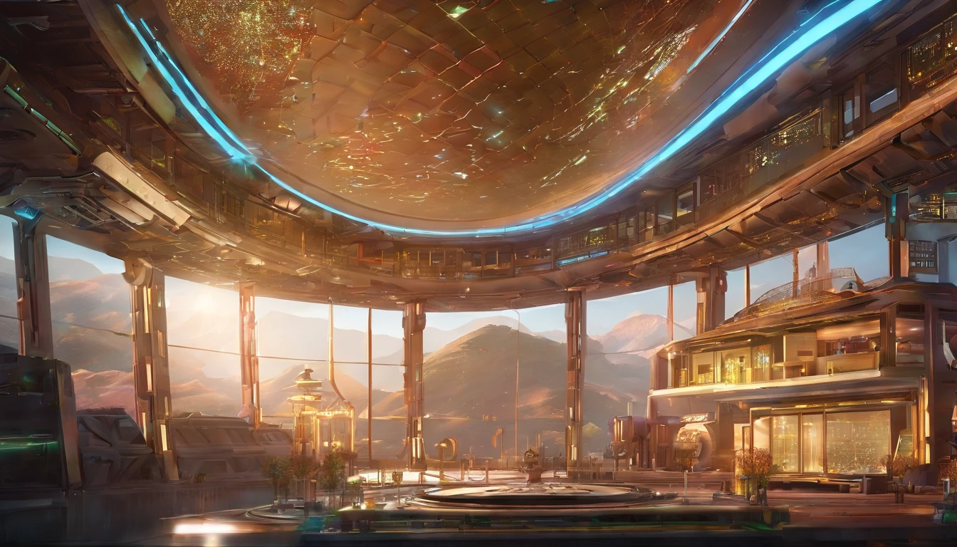 (Highest image quality),(Works of masters),(8k wallpaper),in a panoramic view,Interstellar School,A school city built on a huge space station in space,The artificial creation of the ecosystem inside the translucent luxury space station is beautiful,Lake,rios,mountain ranges,Hills are everywhere,Streamlined Chinese luxury architecture from land to water,All-round rational use of the space station,Golden ornate building,Let the entire space station shine with golden light,Embellished with luxurious gemstones,Blend into the entire starry sky,Chinese decorative motifs are found all over the space station and the Interstellar Academy,Countless spacecraft in and out of the space station,Perfectcomposition,professinal,Meisterville,commissioned,best qualtiy,After fixation,Retouching,Improvement,pastoral,Tone-mapping,highly detailed,digitial painting, art stations,Conceptual map of the long dam,Smoothness,Sharp focus, Beautiful illustration,photore,The light from the back window is backlighted,动态照明,Mist,复杂,cinematic grain,professinal, face to the viewer,Volumetriclighting,subsurfacescattering,Good highlights,Good shadows,cinematic ligh,Beautiful studio,softlighting,rim-light,ellegance,beatiful background,rendering by octane,HR Giger style,8K,top Quority,tmasterpiece,illustratio,smooth and beautiful,highly detailed,CG wallpaper,(realisticlying,Fidelity: 1.37) ,outstanding,Exquisite details,tmasterpiece,top Quority,offcial art,Very verbose
