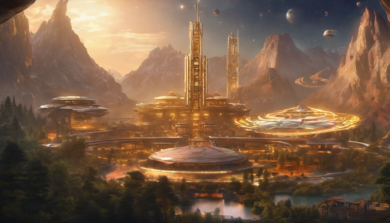 (Highest image quality),(Works of masters),(8k wallpaper),in a panoramic view,Interstellar School,A school city built on a huge space station in space,The artificial creation of the ecosystem inside the translucent luxury space station is beautiful,Lake,rios,mountain ranges,Hills are everywhere,Streamlined Chinese luxury architecture from land to water,All-round rational use of the space station,Golden ornate building,Let the entire space station shine with golden light,Embellished with luxurious gemstones,Blend into the entire starry sky,Chinese decorative motifs are found all over the space station and the Interstellar Academy,Countless spacecraft in and out of the space station,Perfectcomposition,professinal,Meisterville,commissioned,best qualtiy,After fixation,Retouching,Improvement,pastoral,Tone-mapping,highly detailed,digitial painting, art stations,Conceptual map of the long dam,Smoothness,Sharp focus, Beautiful illustration,photore,The light from the back window is backlighted,动态照明,Mist,复杂,cinematic grain,professinal, face to the viewer,Volumetriclighting,subsurfacescattering,Good highlights,Good shadows,cinematic ligh,Beautiful studio,softlighting,rim-light,ellegance,beatiful background,rendering by octane,HR Giger style,8K,top Quority,tmasterpiece,illustratio,smooth and beautiful,highly detailed,CG wallpaper,(realisticlying,Fidelity: 1.37) ,outstanding,Exquisite details,tmasterpiece,top Quority,offcial art,Very verbose