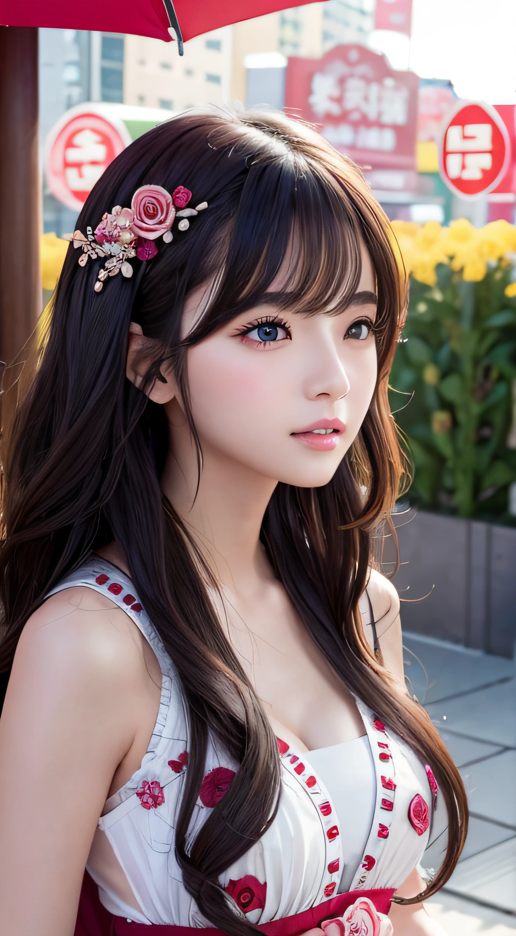 1 girl walking in city city、mix、Full body image 、No underwear、s lips、Opening Mouth、Outstanding style、Slim body、medium udder、realisitic、a picture_\(Curly\)、独奏、(​masterpiece)、(Photorealsitic:1.3)、ultra-detailliert、(high detal)The skin:1.2)、(top-quality:1.0)、(超A high resolution:1.0)、(Orchan-6500:0.3)、Wavy detailed hair、length hair、rays of sunshine、(Beautiful detailed makeup)、(sexual excitement、red blush、Rough breathing:1.0) )、Studded flower themed petals、(soft glow bloom:0.5)