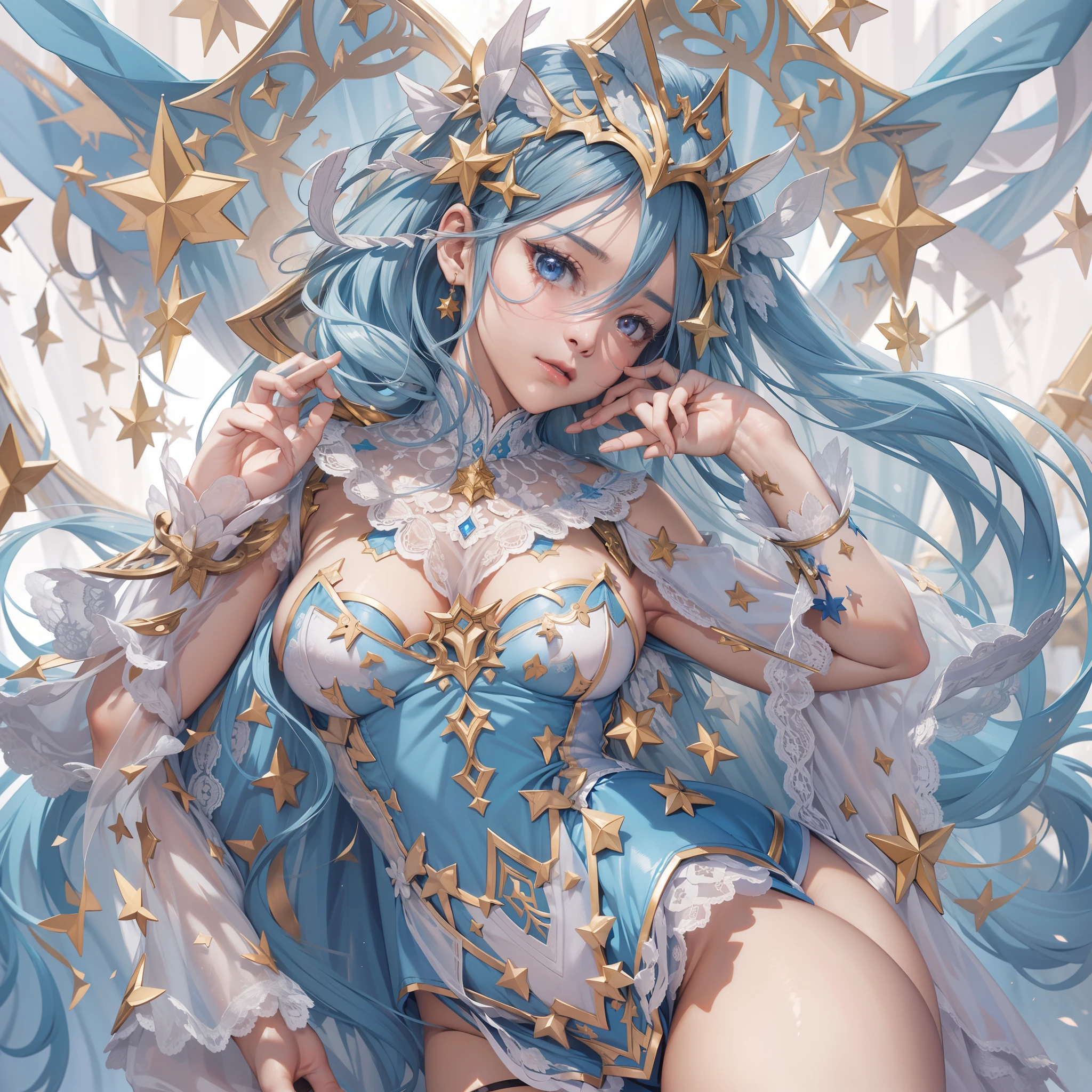 ((Masterpiece, Highest quality)), Detailed face, CharacterDesignSheet， full bodyesbian, Full of details, Multiple poses and expressions, Highly detailed, Depth, Many parts，Beautiful paladin girl，lacepantyhose, High Balance, Natural light, Lace，lacepantyhose，blue colors，starrysky，Star decoration