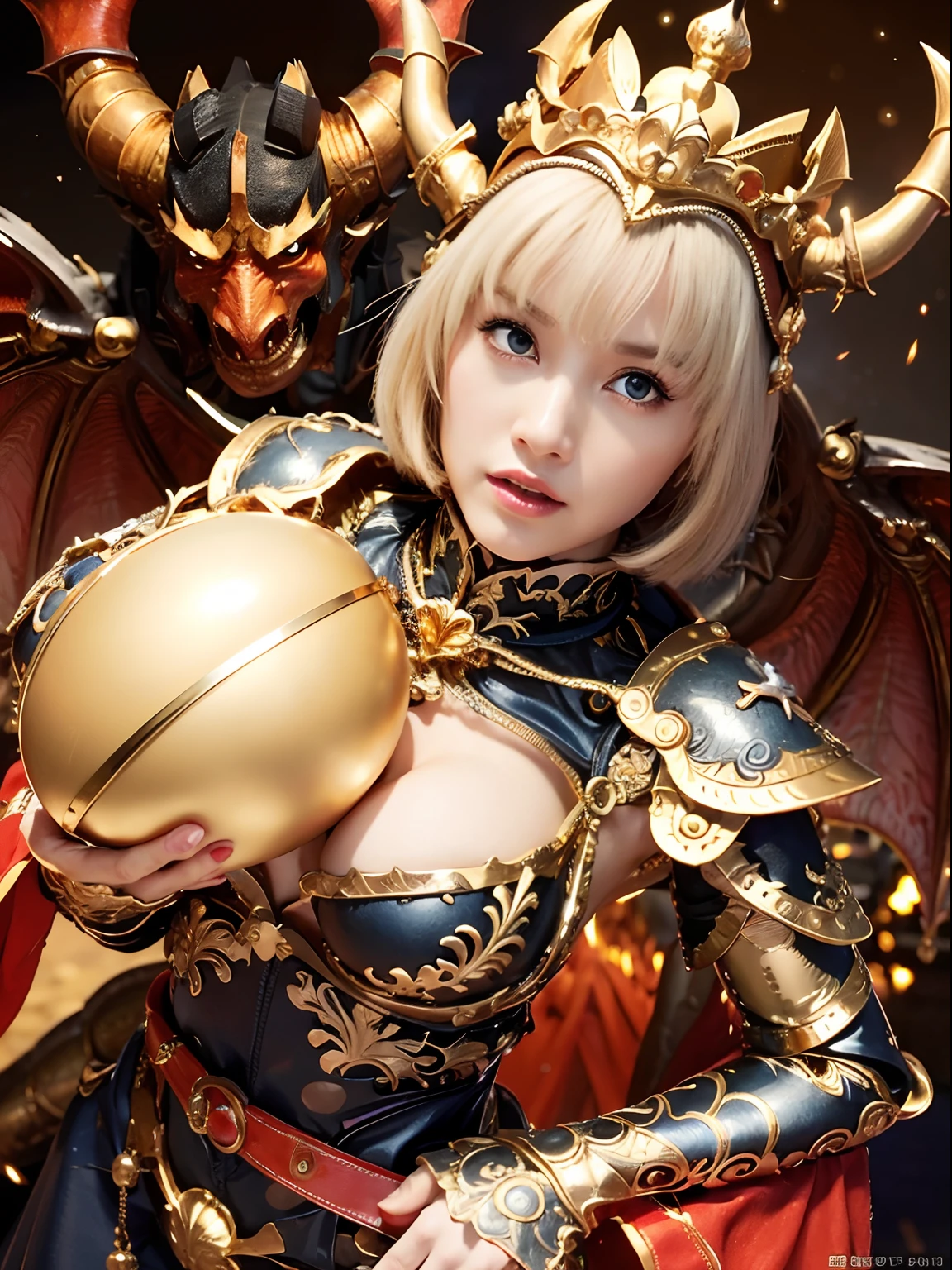 Professional , masterpiece、top-quality、photos realistic 、(Dragon Black Metal Body:1.9),(Matte Blue Silver、(Night World)、(cleavage of the breast)、Dragon Gold Weapon、(Micro Bikini Armor:1.4),Mystical expression、Gorgeous gold weapons ,(Fight dragons)、Seductive look、(( Dragon's dense and gorgeous sword)) , (demonic wings) ,Detail and gorgeous crown、((a blond))、(Castle background)、((Gangle's forest background))、Beautiful Caucasian beauty、1a person、dynamic ungle,(((Detailed and ornate dragon helmet)))、Smaller head、A smile、Castle background、Thin and beautiful female hands、cleavage of the breast、Soldier in iron armor on background、Mystical expression、Light Effects、intense fighting、Wind-effect、magic circles、With the legendary magic wand、Dragon's tail、fight、