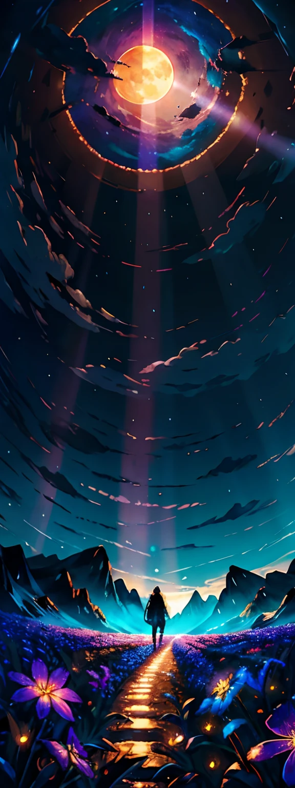 expansive landscape photograph , (a view from below that shows sky above and open field below), a girl standing on flower field looking up, (full moon:1.2), ( shooting stars:0.9), (nebula:1.3), distant mountain, tree BREAK
production art, (warm light source:1.2), (Firefly:1.2), lamp, lot of purple and orange, intricate details, volumetric lighting BREAK
(masterpiece:1.2), (best quality), 4k, ultra-detailed, (dynamic composition:1.4), highly detailed, colorful details,( iridescent colors:1.2), (glowing lighting, atmospheric lighting), dreamy, magical, (solo:1.2)