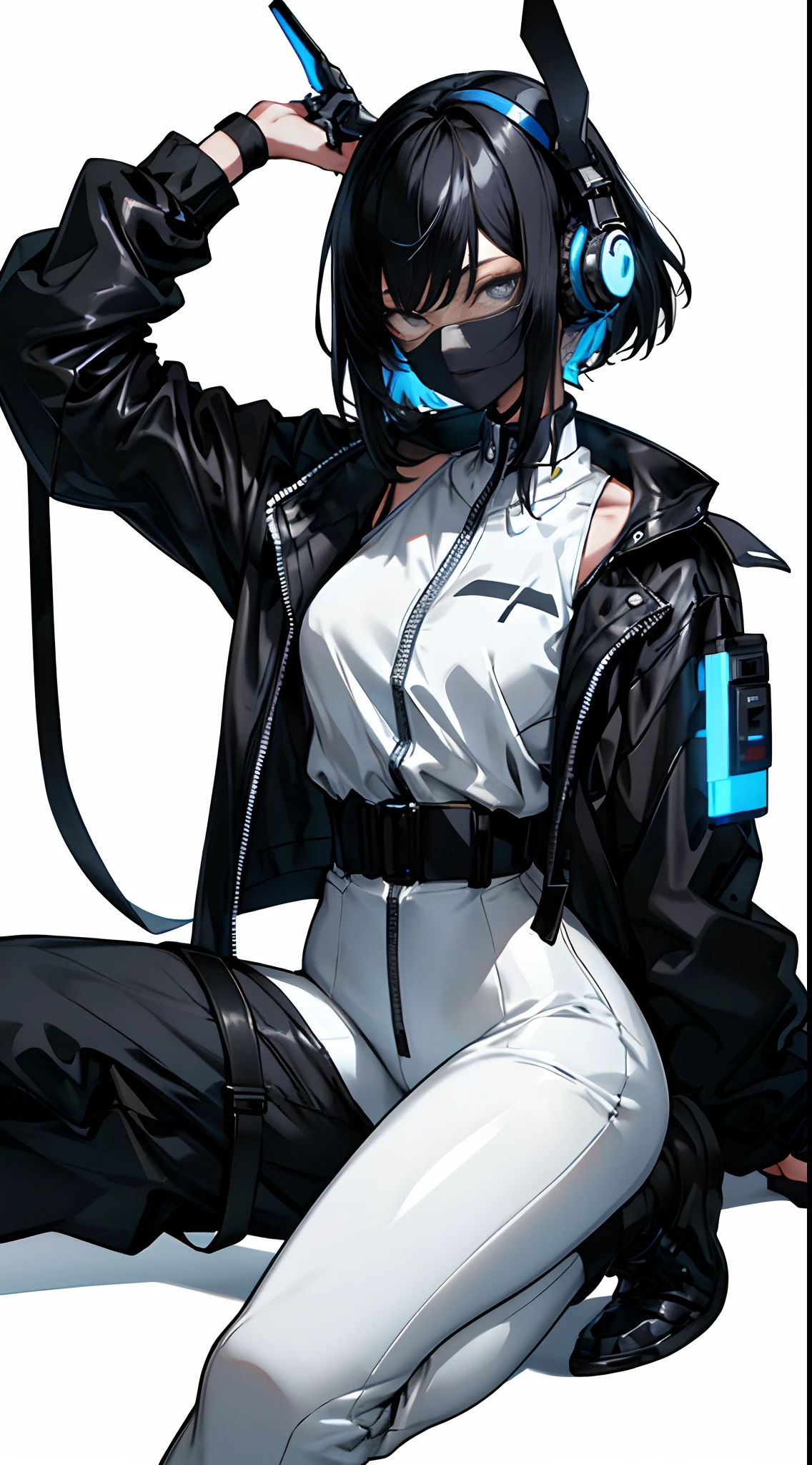 ulzzang-6500, (realistic: 1.3) (original: 1.2), masterpiece, best quality, beautiful clean face, fullbody, 1woman, (wearing black and white and cobalt scifi techmask and headphones with complex electronics), wearing black techwear jacket and trousers with buckle and tape, posing for a picture