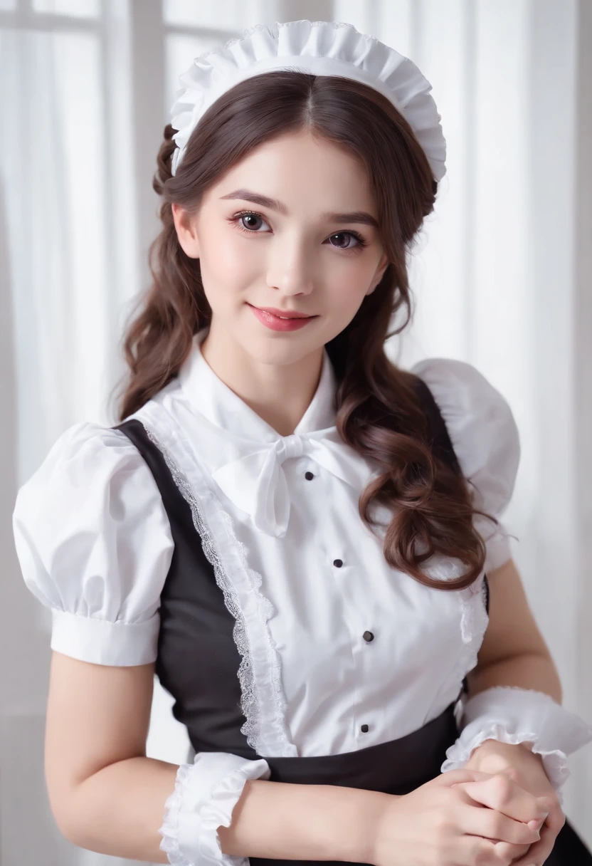 ((Beautiful Maid:1.5),high resolution, Top quality),wearing maid uniform,Soft hands, Big bright eyes, Dark and vibrant curls, Sweet smile, rosycheeks, Soft light, Pure white background.