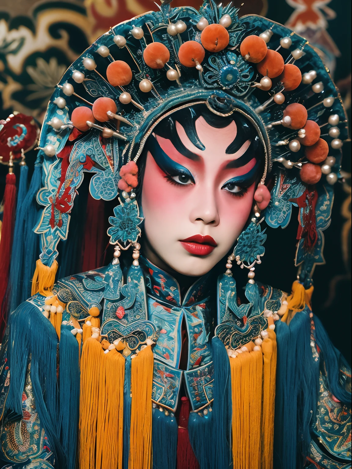 8K，Portrait Photogram，Shocking，movie picture quality，。CNOperaCrown， From the front， looking at viewert， Beautiful makeup，Detailed portrayal of the face。Exquisite headdress， （（（CNOperaFlag）））， Gorgeous costumes， nipple tassels。Chinese red，cloisonne